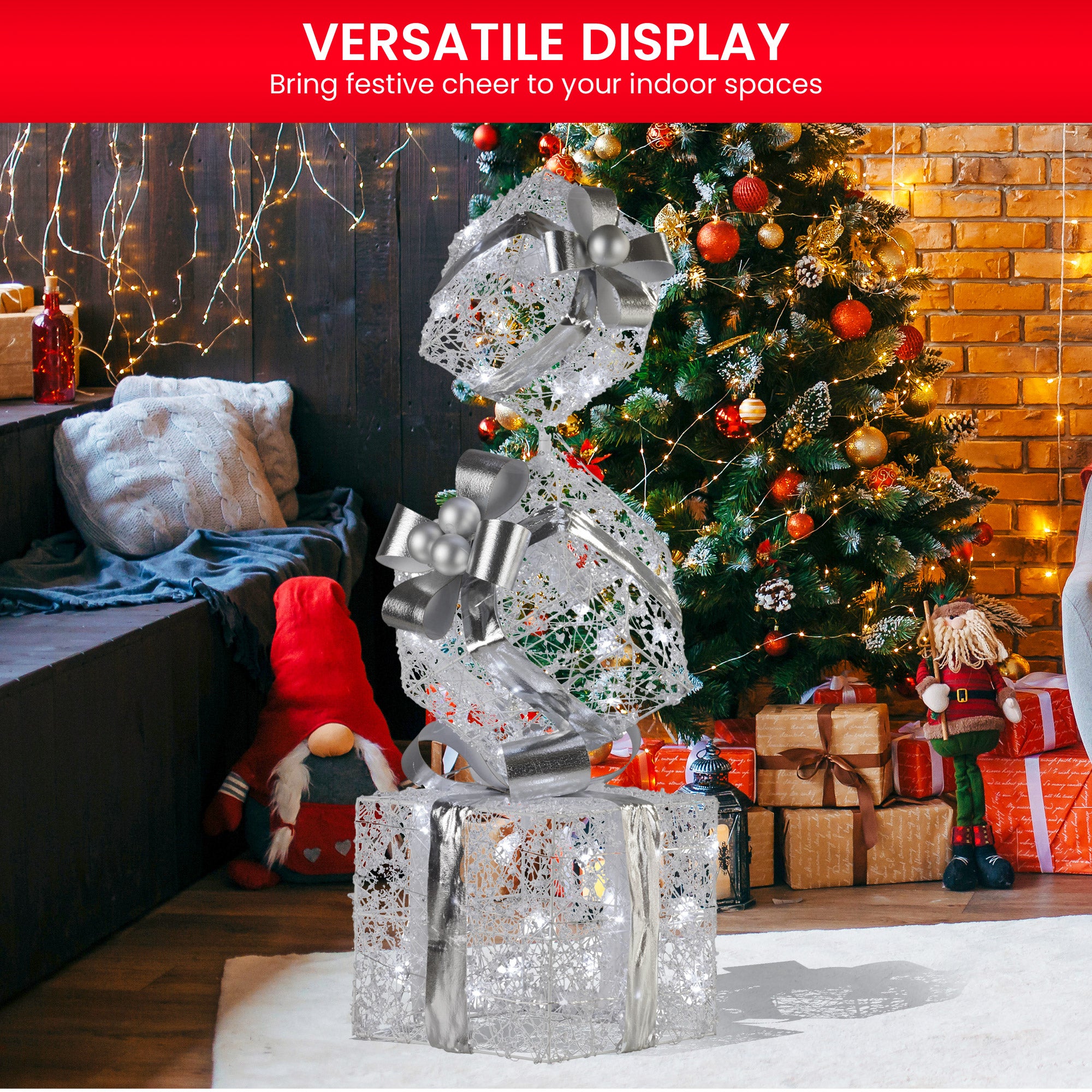 Christabelle 83cm Triple Christmas Silver Giftbox Stack Display with Lights V240-112_MHA516