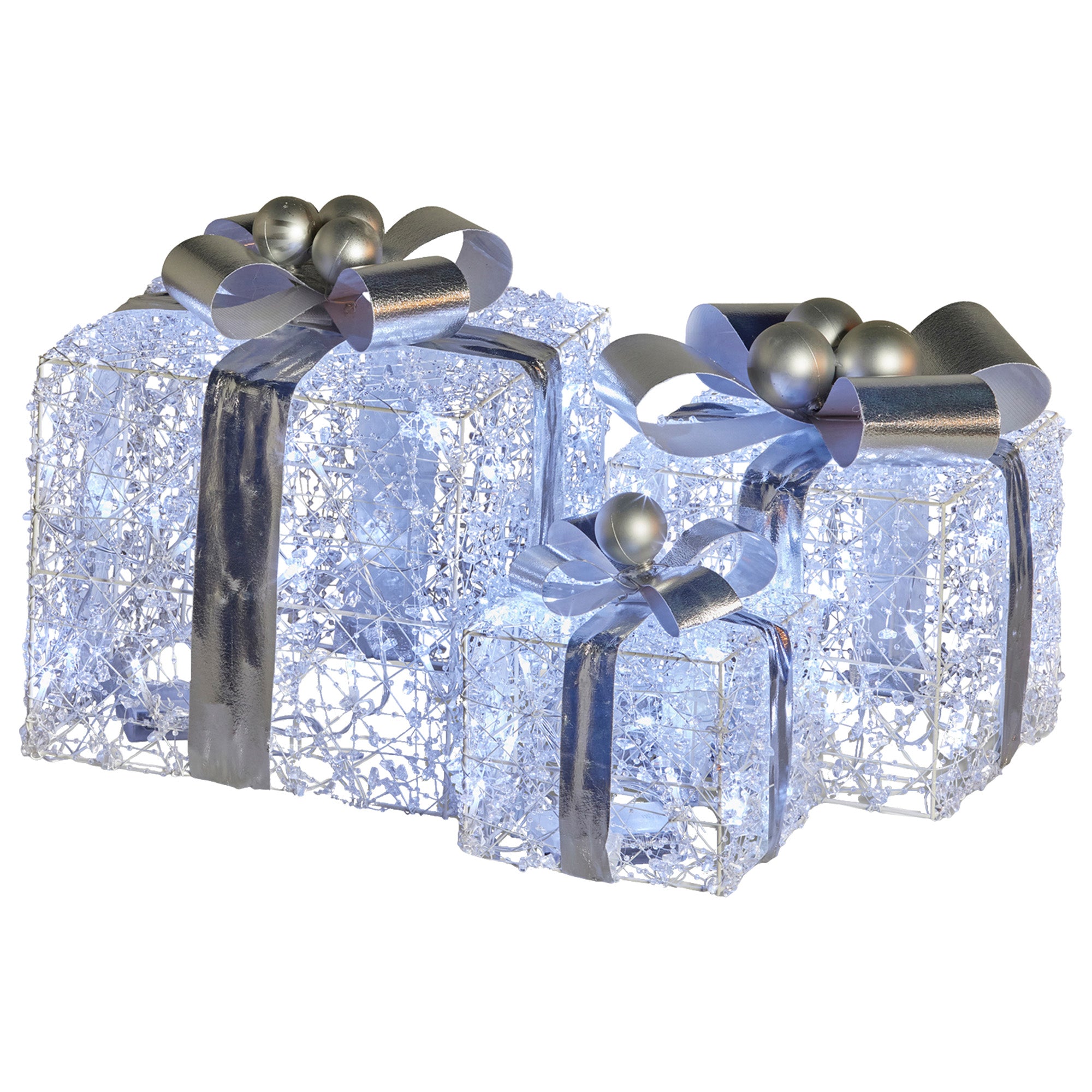 Christabelle Swishmas Set Of 3 Christmas Gift Boxes With Lights With Jewelled Wire And Silver Bows V240-112_MHA520