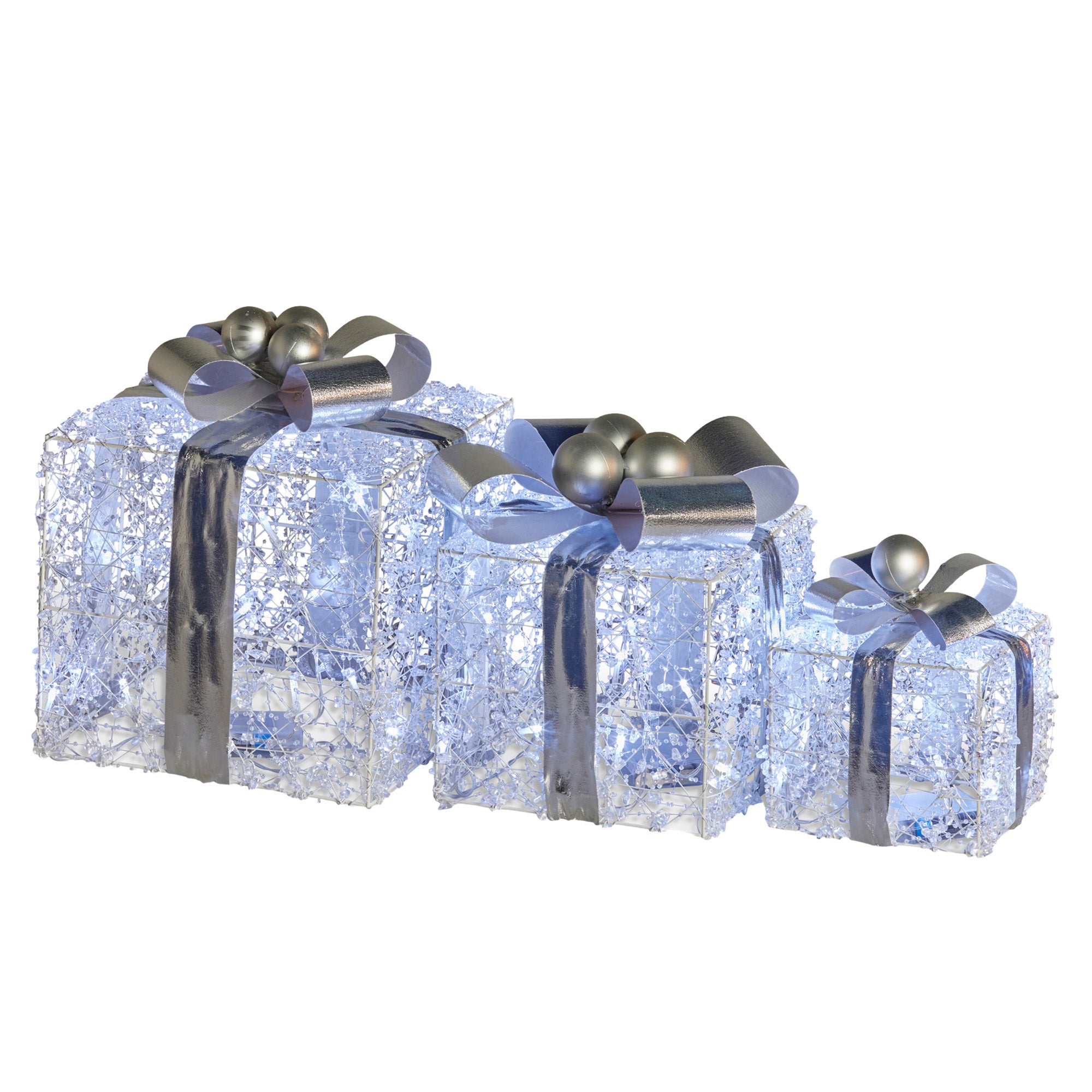 Christabelle Swishmas Set Of 3 Christmas Gift Boxes With Lights With Jewelled Wire And Silver Bows V240-112_MHA520
