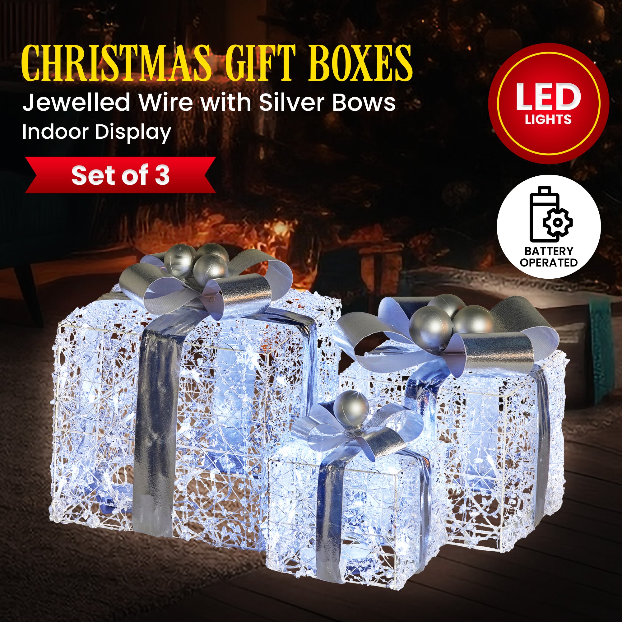 Christabelle Swishmas Set Of 3 Christmas Gift Boxes With Lights With Jewelled Wire And Silver Bows V240-112_MHA520