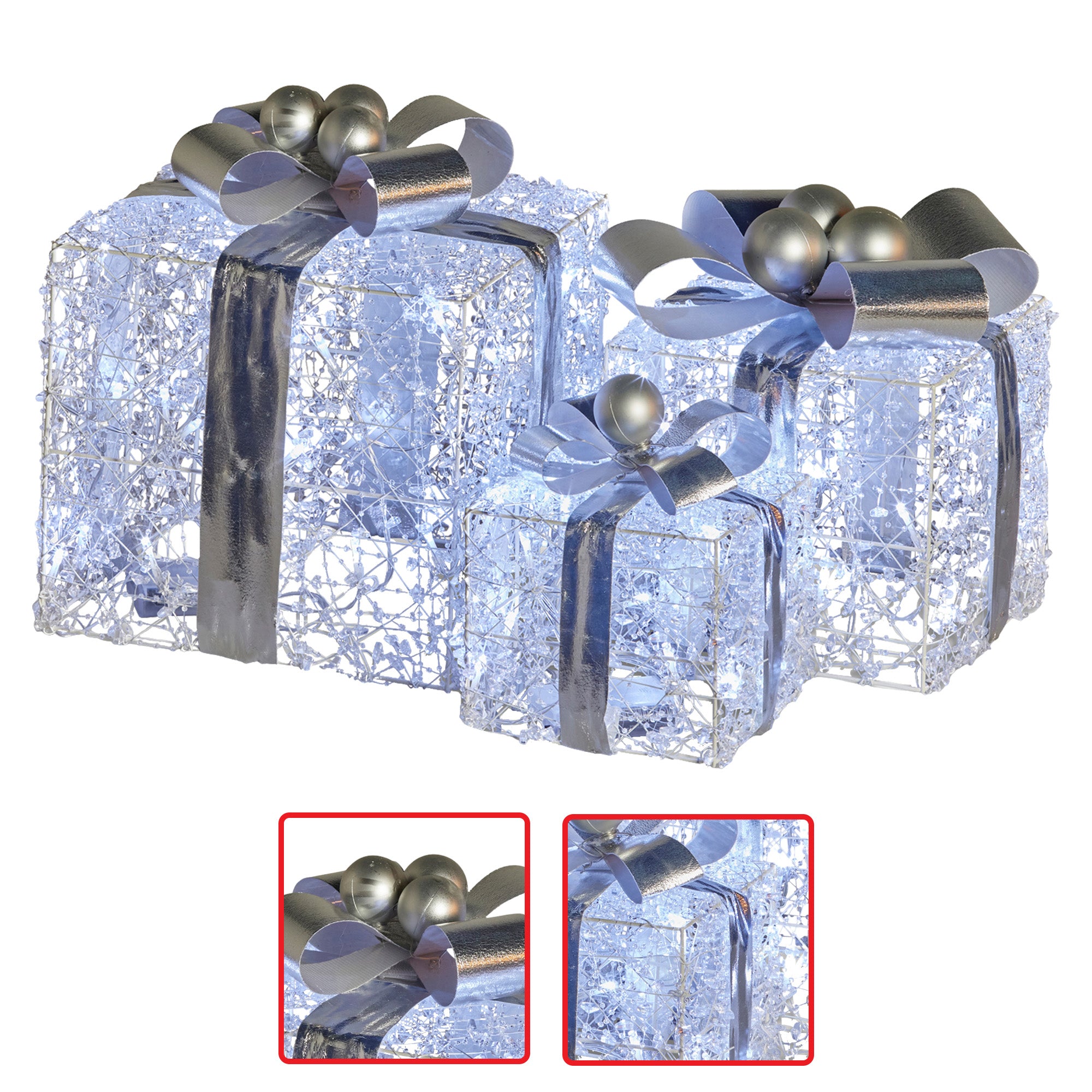Christabelle Swishmas Set Of 3 Christmas Gift Boxes With Lights With Jewelled Wire And Silver Bows V240-112_MHA520
