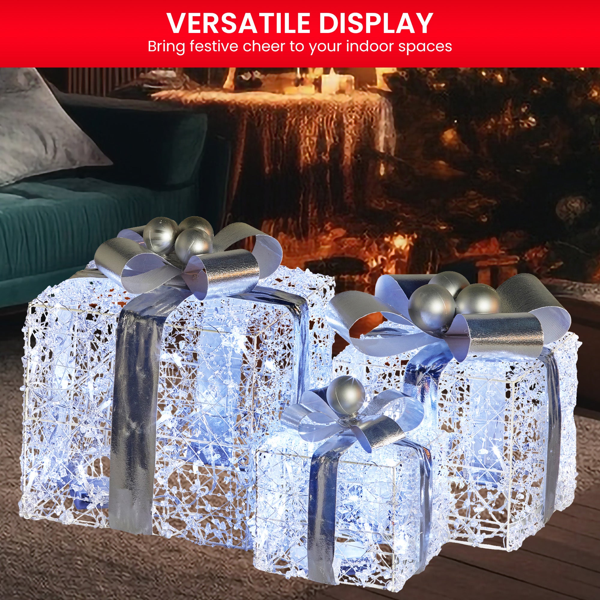 Christabelle Swishmas Set Of 3 Christmas Gift Boxes With Lights With Jewelled Wire And Silver Bows V240-112_MHA520
