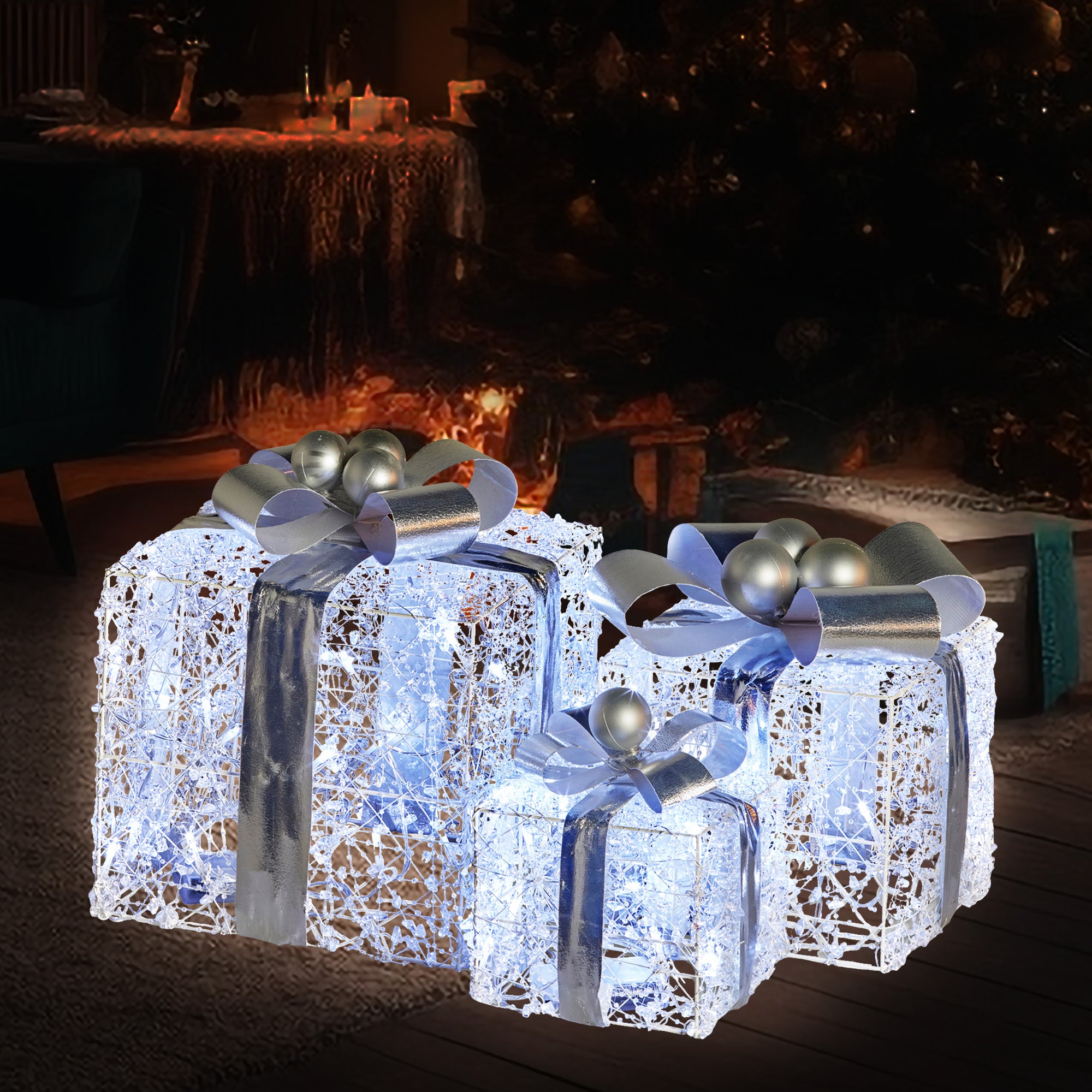 Christabelle Swishmas Set Of 3 Christmas Gift Boxes With Lights With Jewelled Wire And Silver Bows V240-112_MHA520