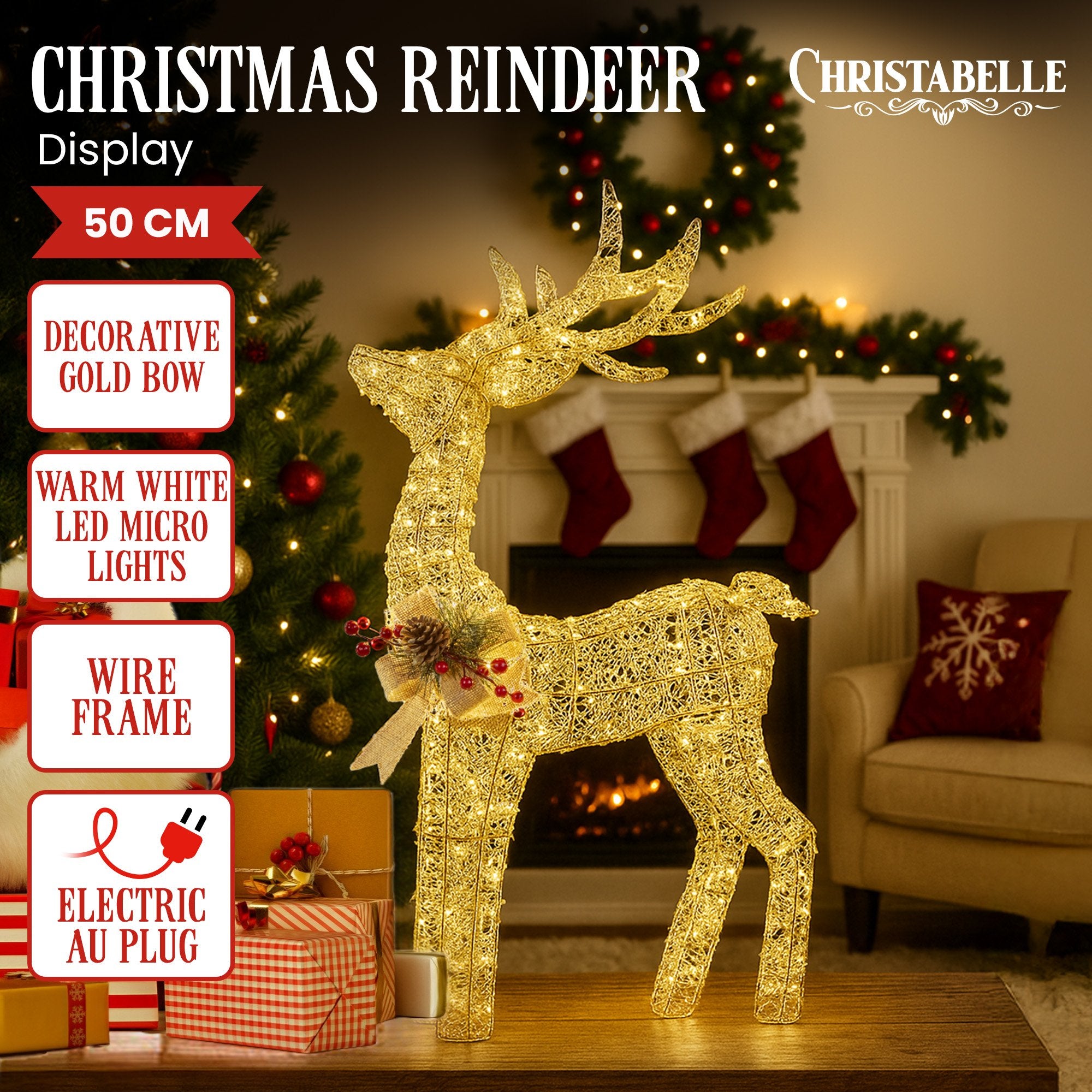 Christabelle Light Up Christmas Reindeer Display Indoor & Outdoor Decoration Warm White LED Lights Gold Bow V240-112_MHA603