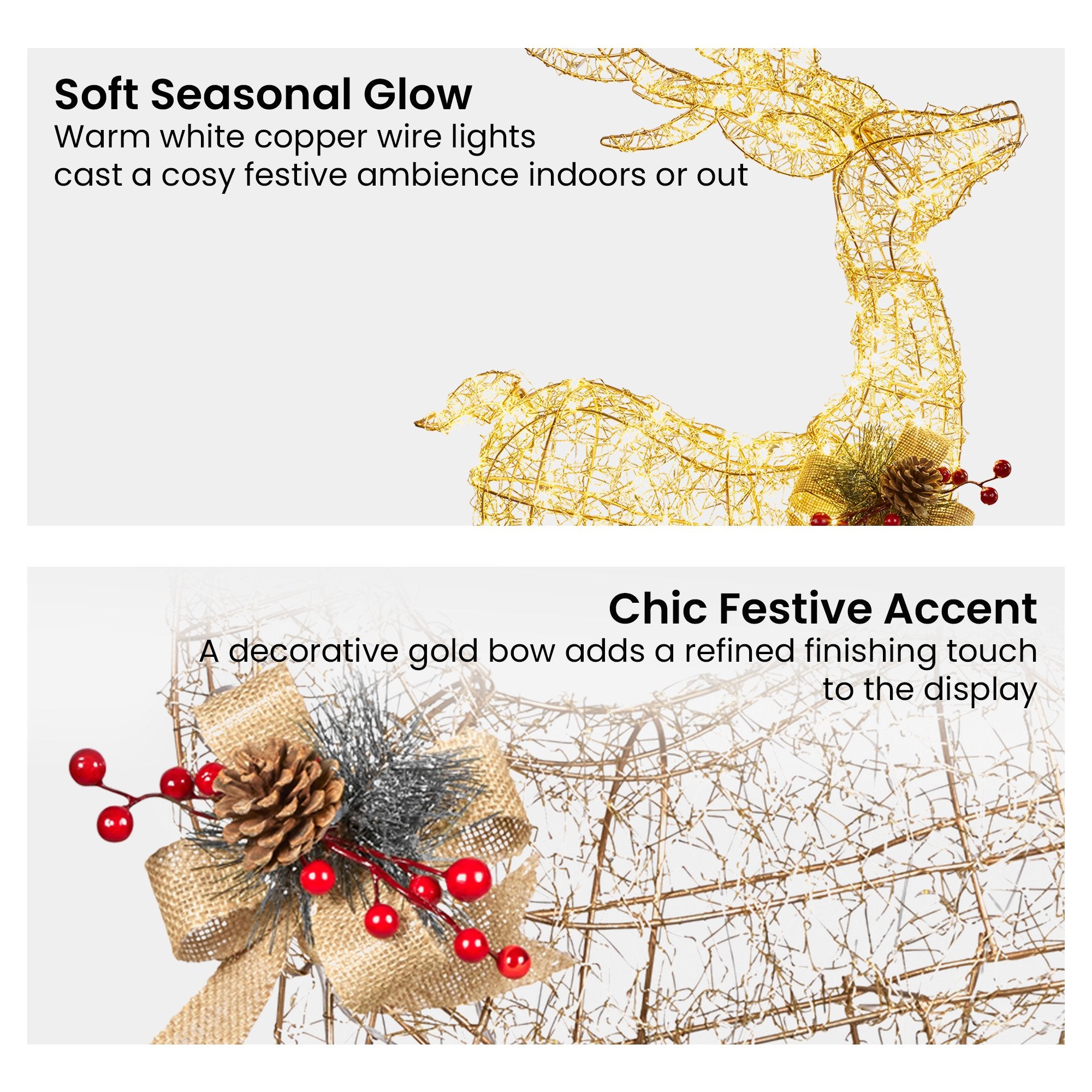 Christabelle Light Up Christmas Reindeer Display Indoor & Outdoor Decoration Warm White LED Lights Gold Bow V240-112_MHA603