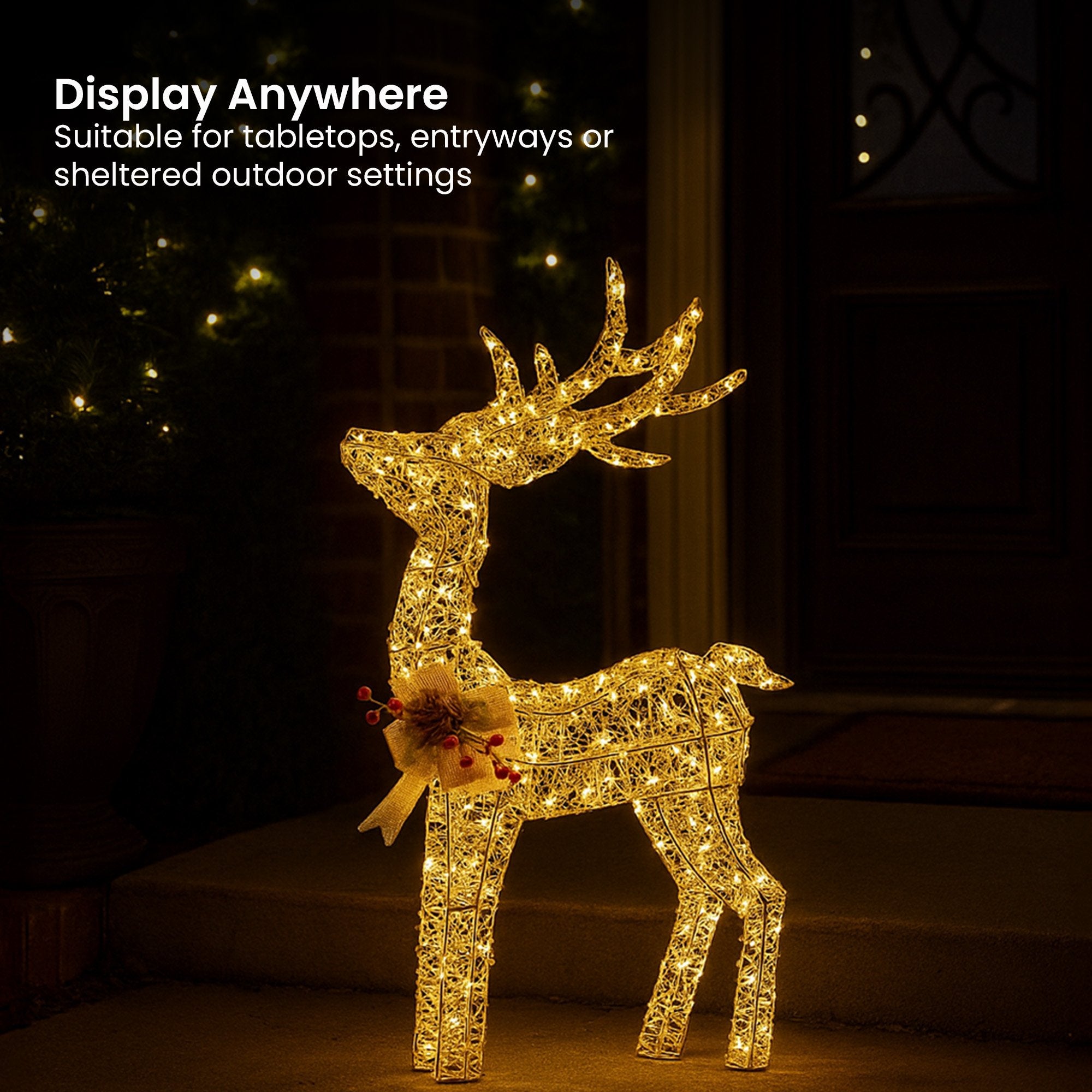 Christabelle Light Up Christmas Reindeer Display Indoor & Outdoor Decoration Warm White LED Lights Gold Bow V240-112_MHA603