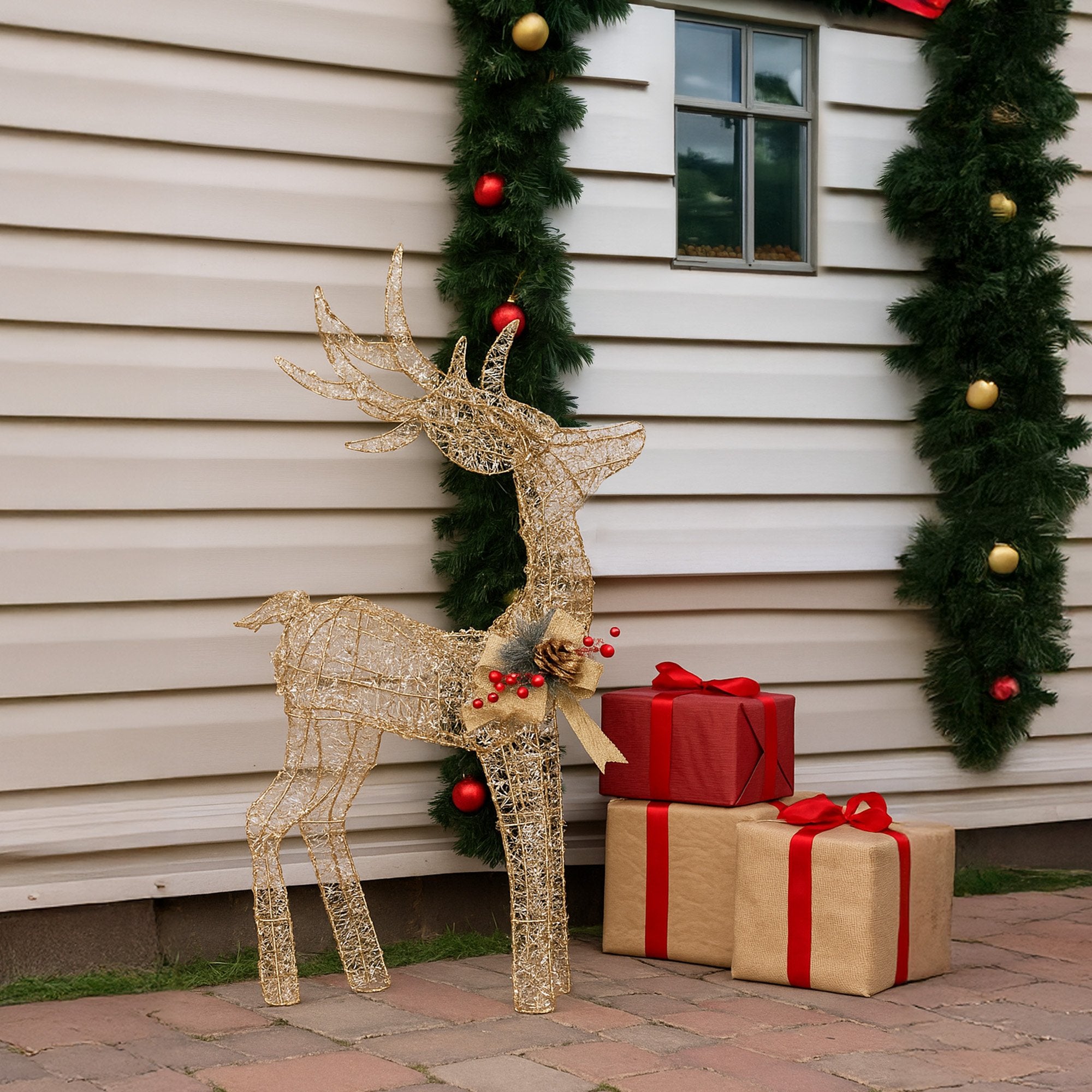 Christabelle Light Up Christmas Reindeer Display Indoor & Outdoor Decoration Warm White LED Lights Gold Bow V240-112_MHA603