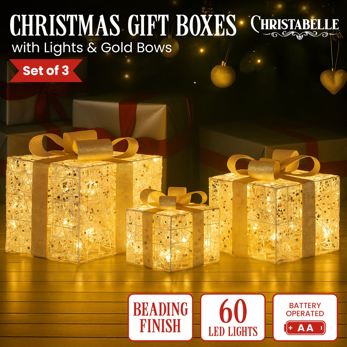 Christabelle Set of 3 Battery Operated Golden Christmas Gift Boxes w/Warm White LED Lights Indoor Decorative V240-112_MHA604