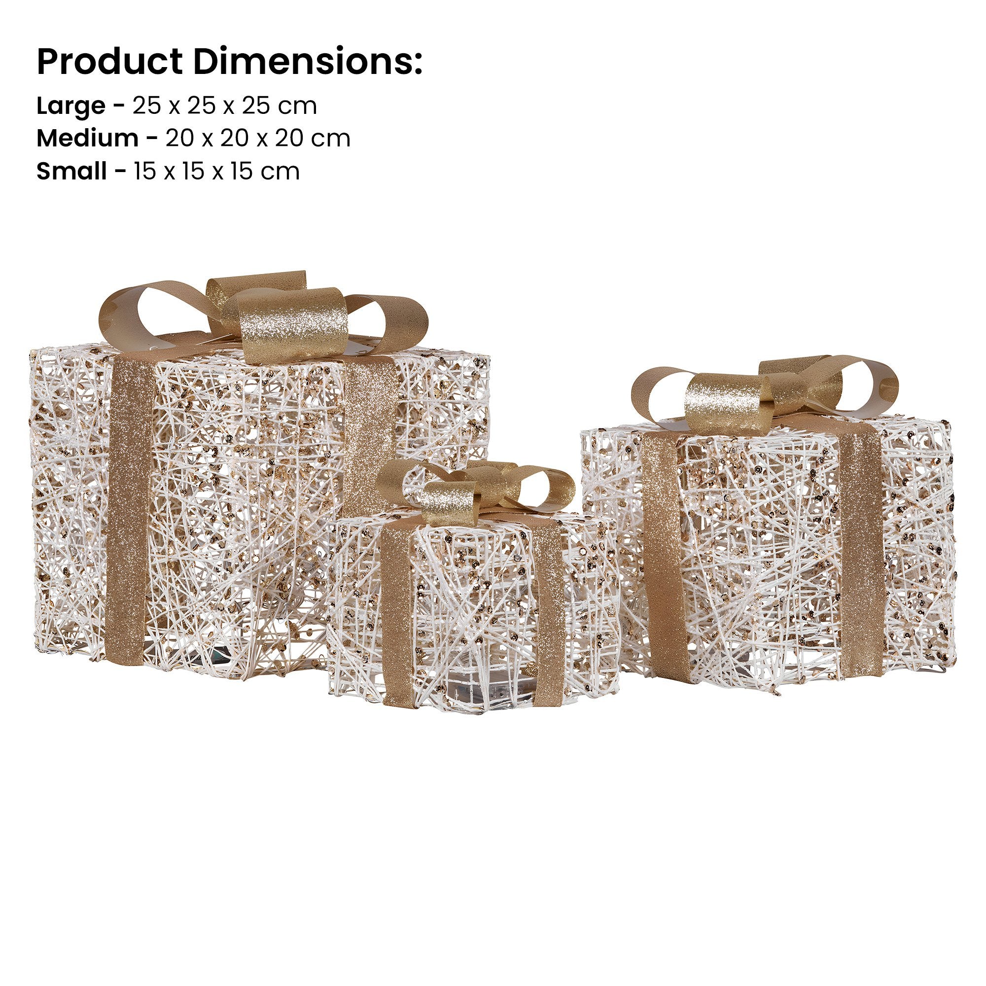 Christabelle Set of 3 Battery Operated Golden Christmas Gift Boxes w/Warm White LED Lights Indoor Decorative V240-112_MHA604