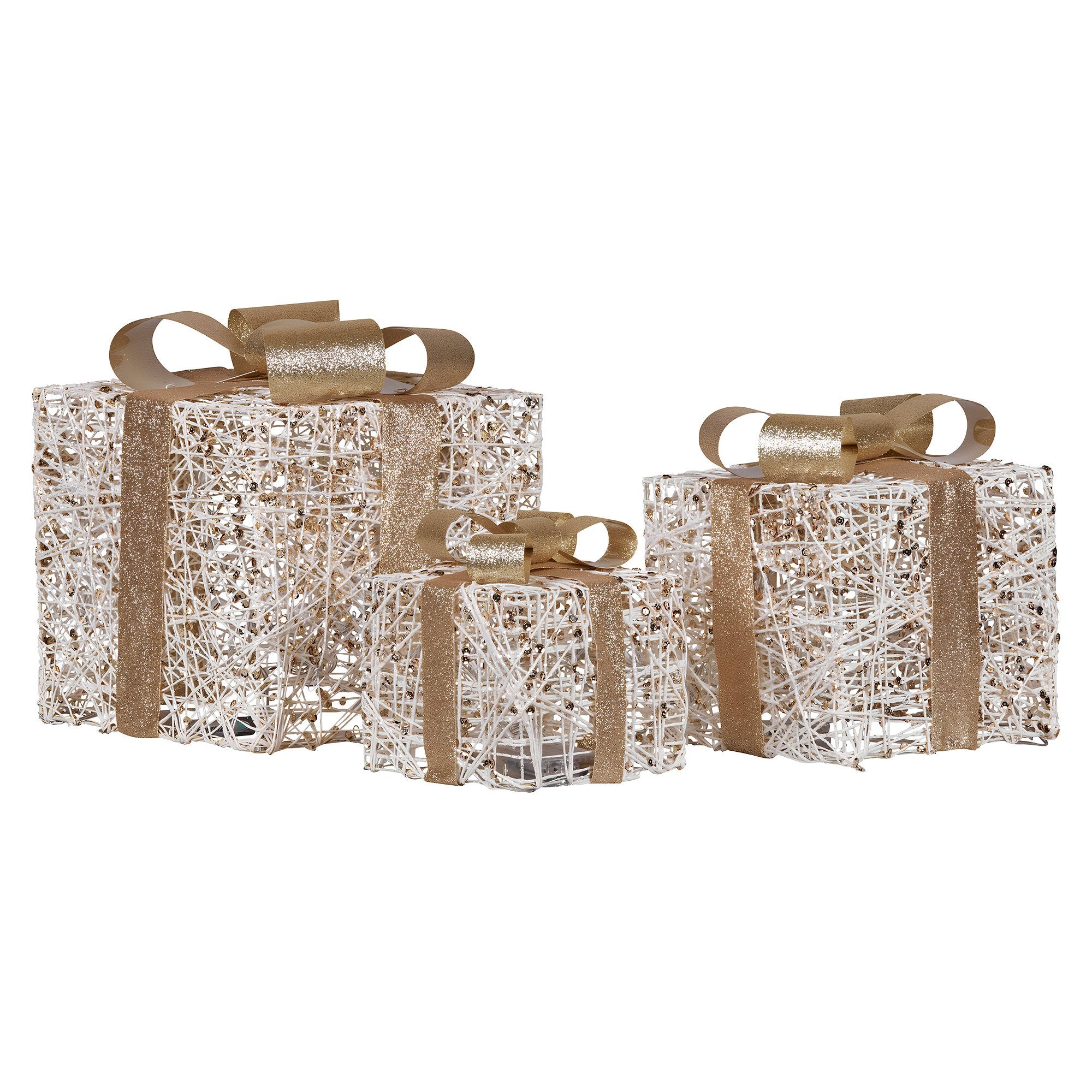 Christabelle Set of 3 Battery Operated Golden Christmas Gift Boxes w/Warm White LED Lights Indoor Decorative V240-112_MHA604