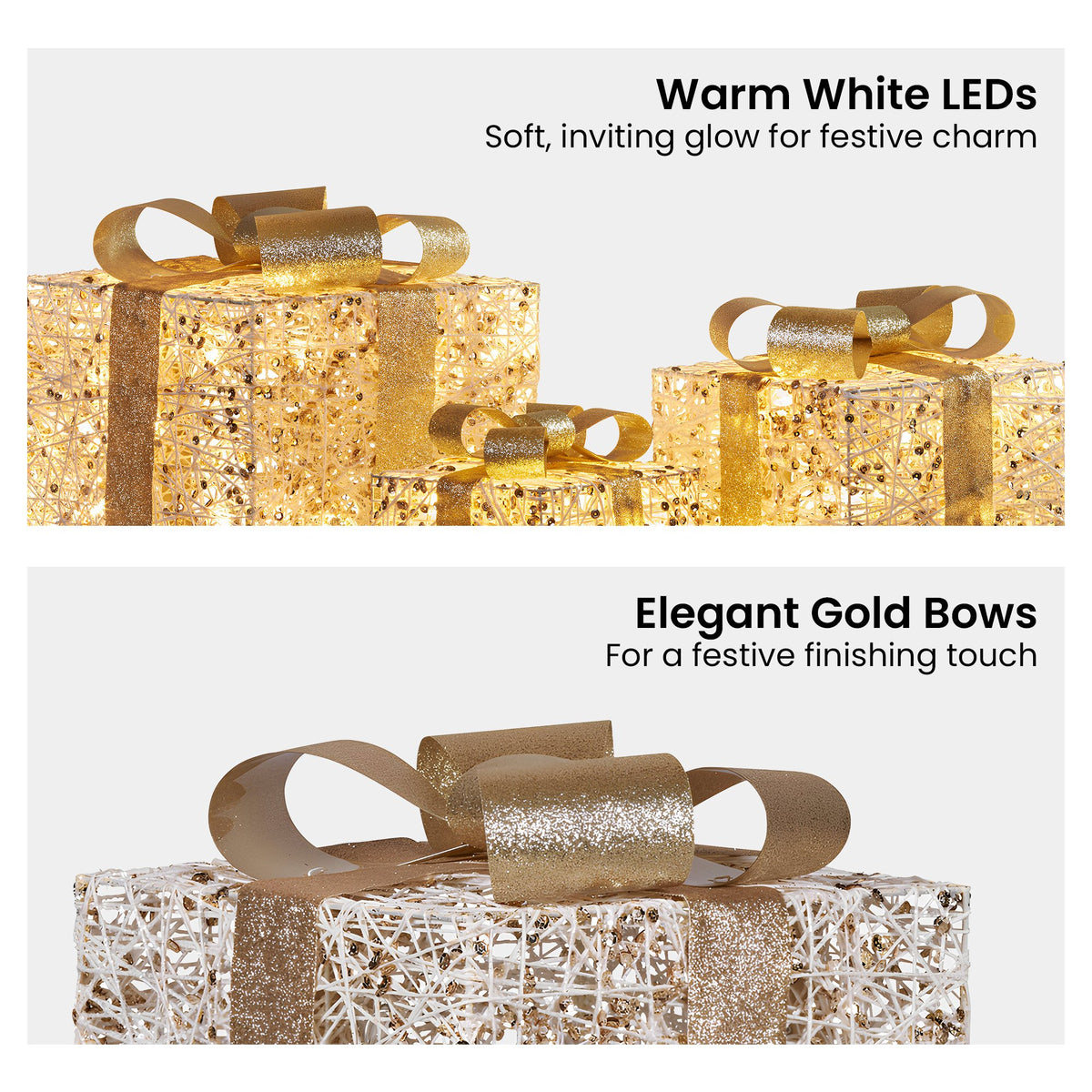 Christabelle Set of 3 Battery Operated Golden Christmas Gift Boxes w/Warm White LED Lights Indoor Decorative V240-112_MHA604