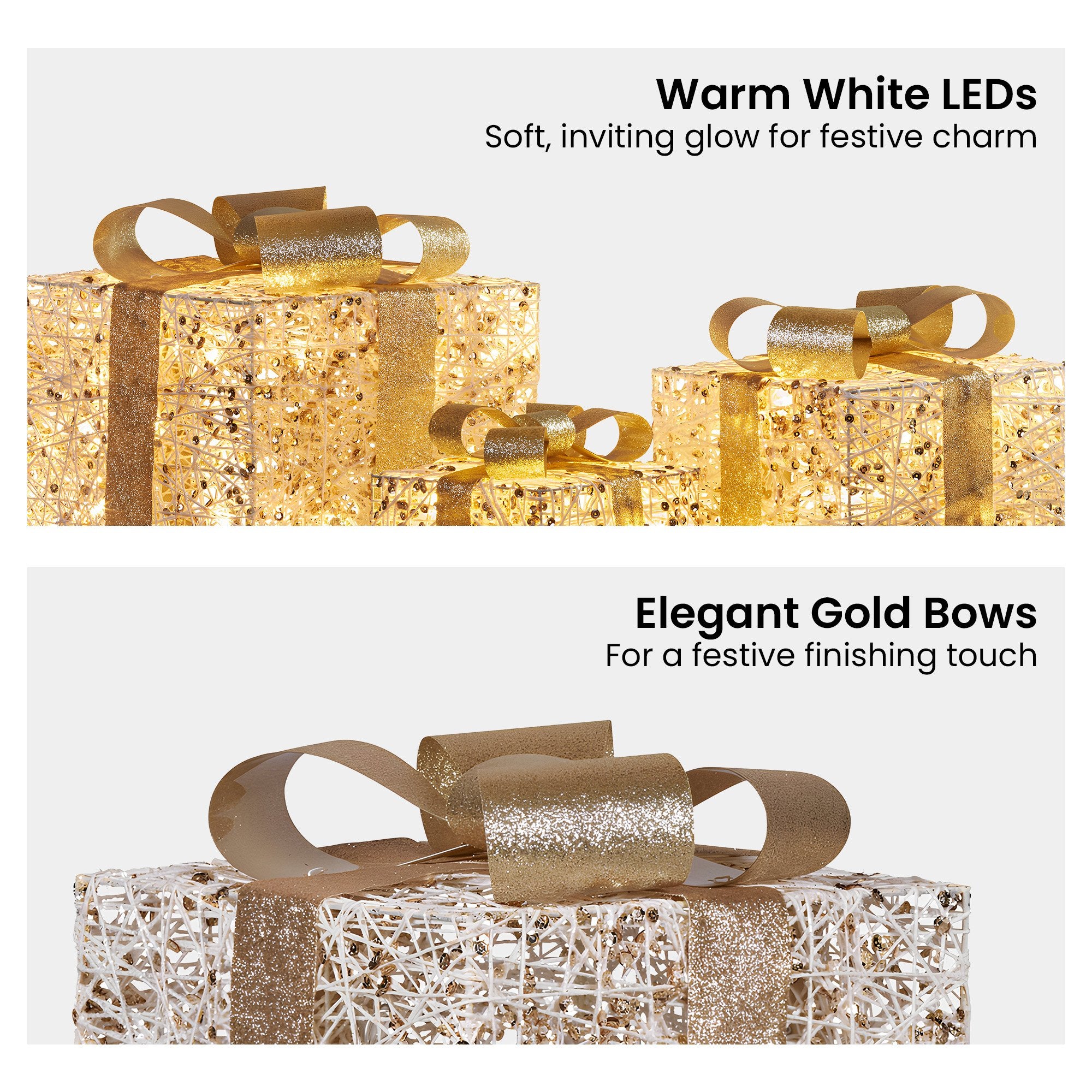 Christabelle Set of 3 Battery Operated Golden Christmas Gift Boxes w/Warm White LED Lights Indoor Decorative V240-112_MHA604