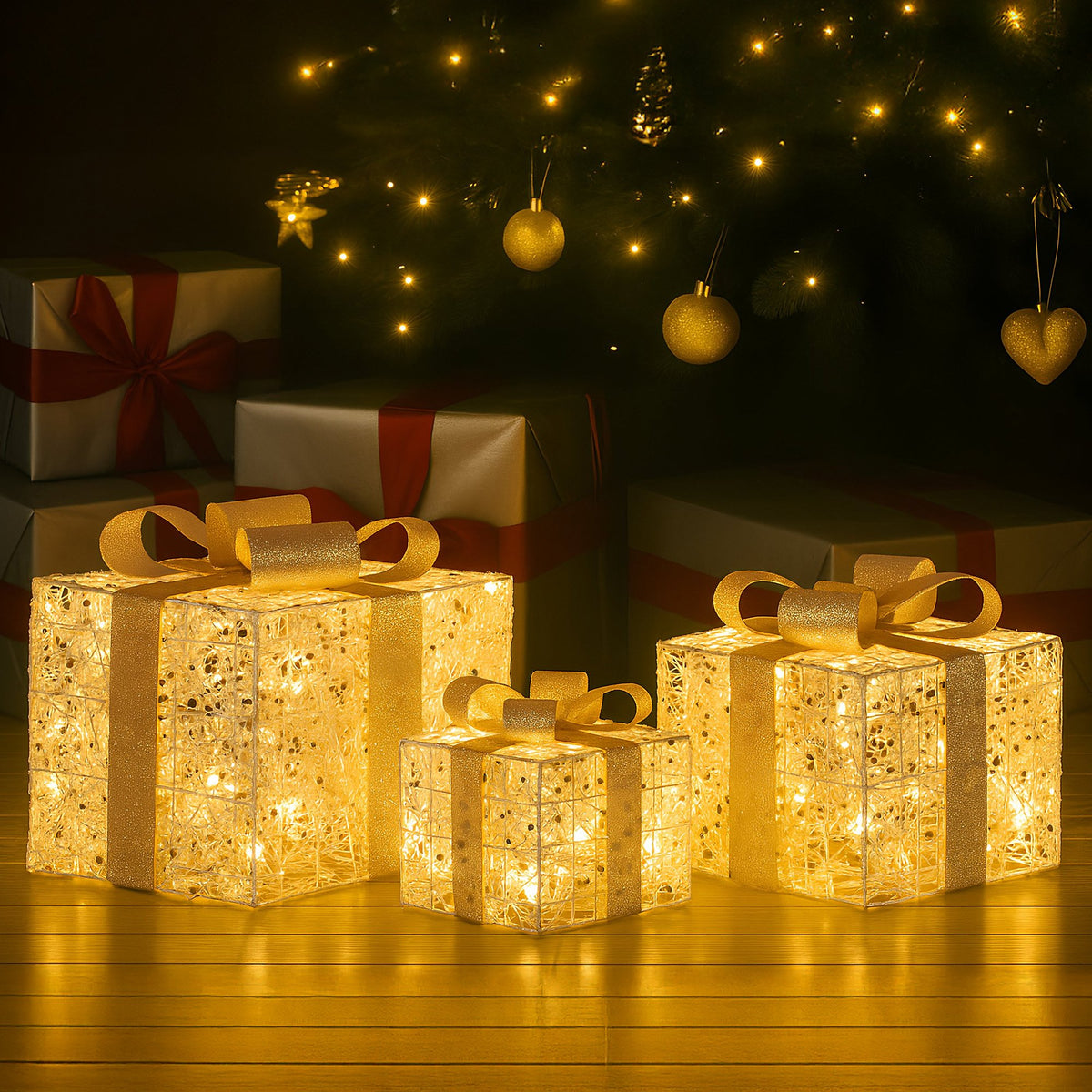 Christabelle Set of 3 Battery Operated Golden Christmas Gift Boxes w/Warm White LED Lights Indoor Decorative V240-112_MHA604