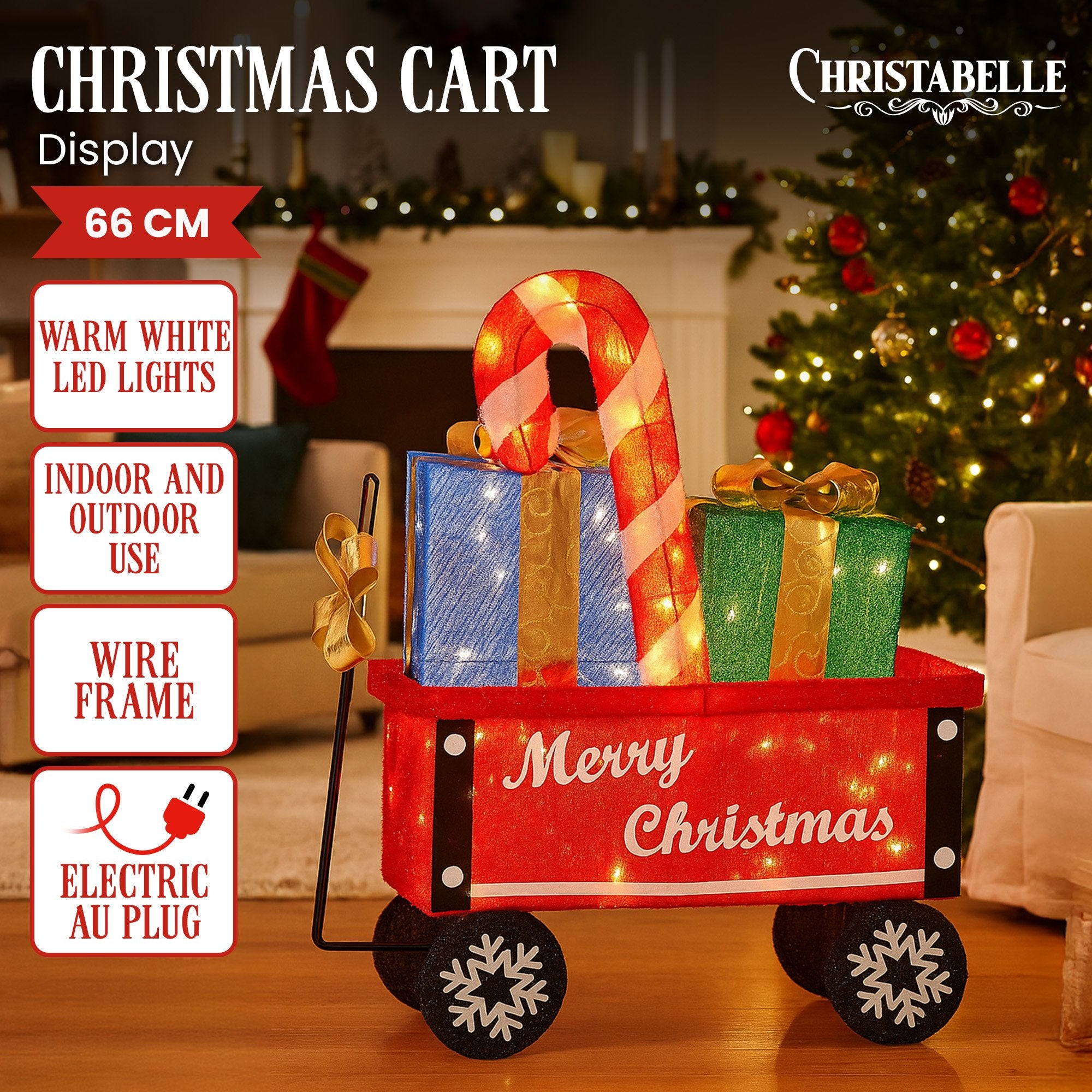 Christabelle Christmas Cart Display w/Candy Cane & Presents Warm White LED Lights Wire Frame Structure Indoor V240-112_MHA610