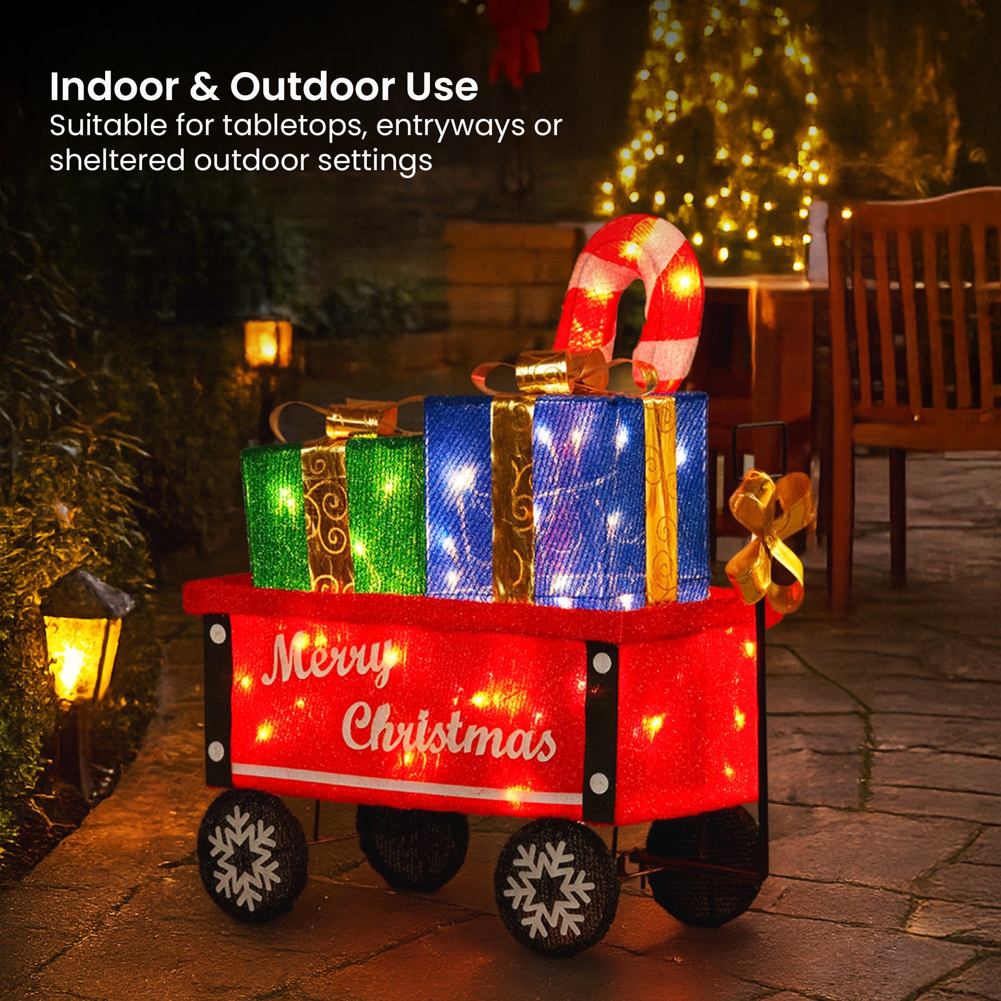 Christabelle Christmas Cart Display w/Candy Cane & Presents Warm White LED Lights Wire Frame Structure Indoor V240-112_MHA610