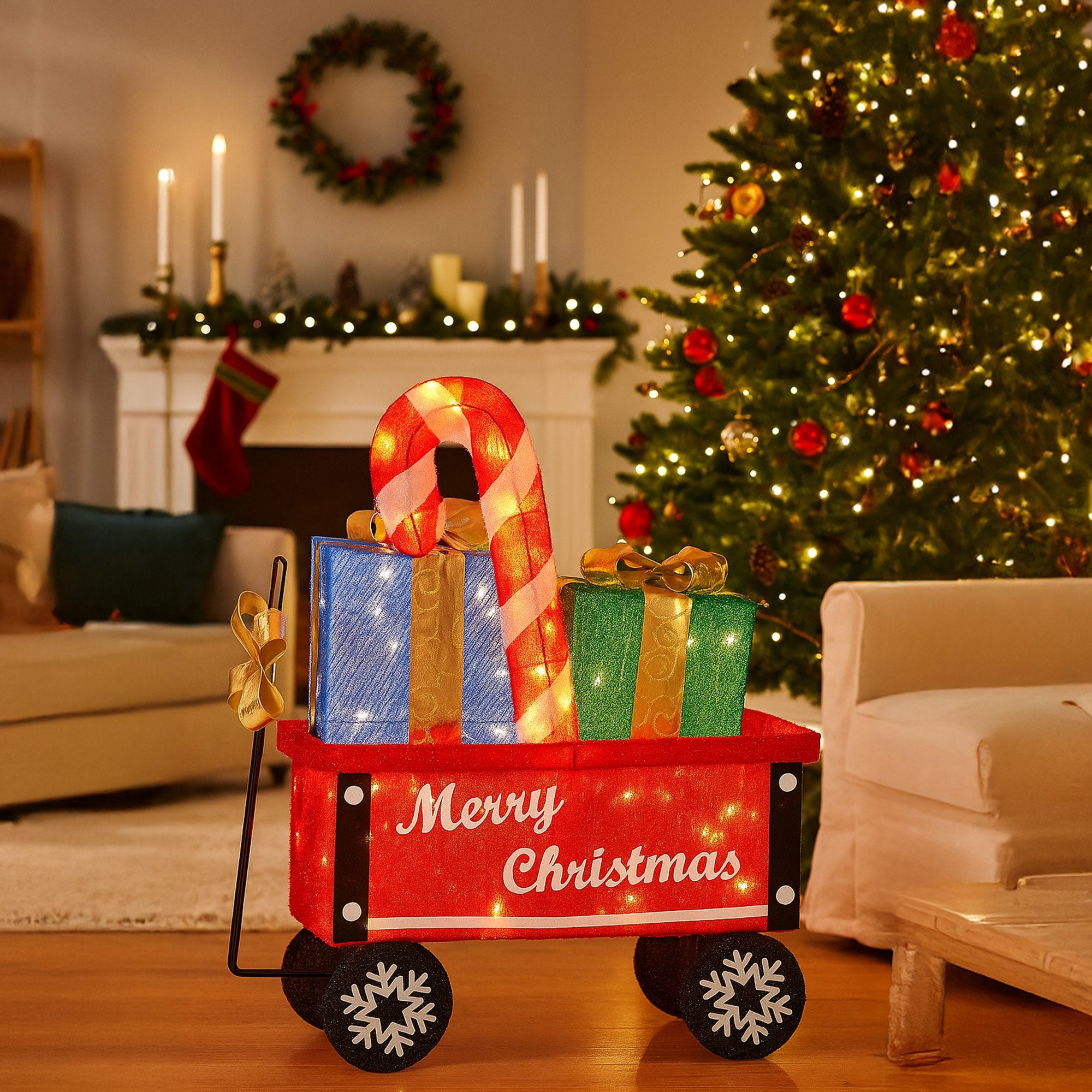 Christabelle Christmas Cart Display w/Candy Cane & Presents Warm White LED Lights Wire Frame Structure Indoor V240-112_MHA610