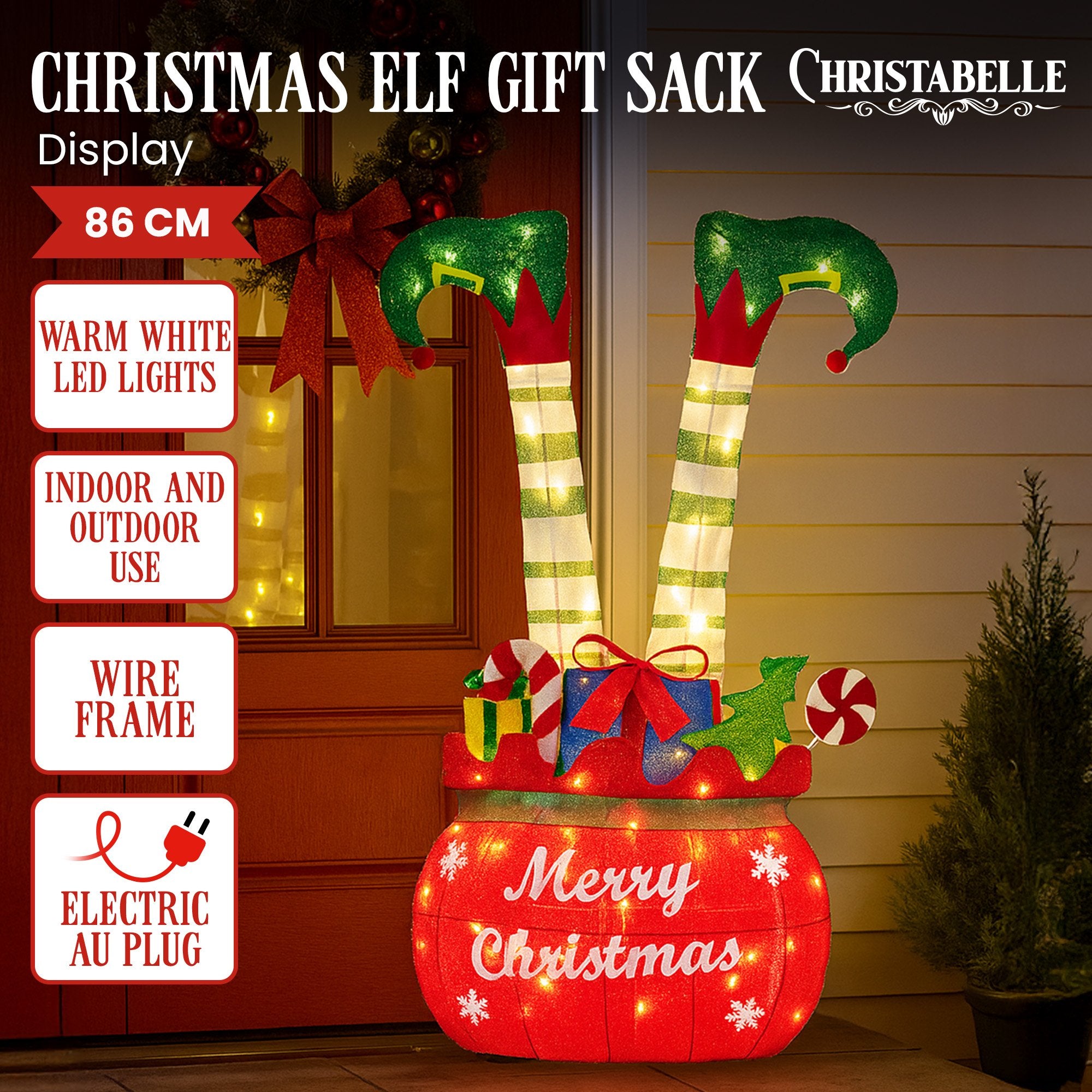 Christabelle Elf in Gift Sack Christmas Display Warm White LED Lights 86cm for Decoration w/Wire Frame V240-112_MHA611