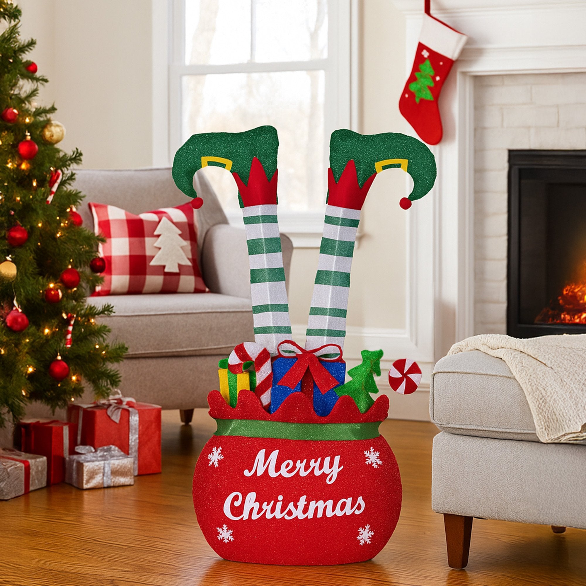 Christabelle Elf in Gift Sack Christmas Display Warm White LED Lights 86cm for Decoration w/Wire Frame V240-112_MHA611