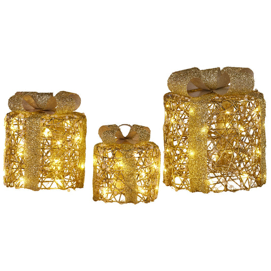Christabelle Set of 3 Christmas Gift Box Display Gold with LED Lights and Bows Decoration Ornament Present V240-112_MHA612