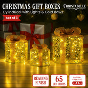 Christabelle Set of 3 Christmas Gift Box Display Gold with LED Lights and Bows Decoration Ornament Present V240-112_MHA612
