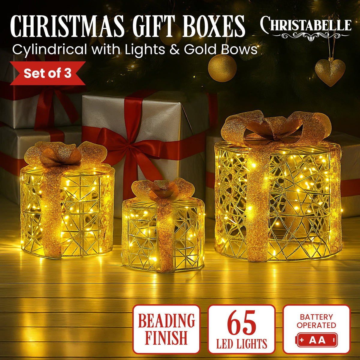 Christabelle Set of 3 Christmas Gift Box Display Gold with LED Lights and Bows Decoration Ornament Present V240-112_MHA612