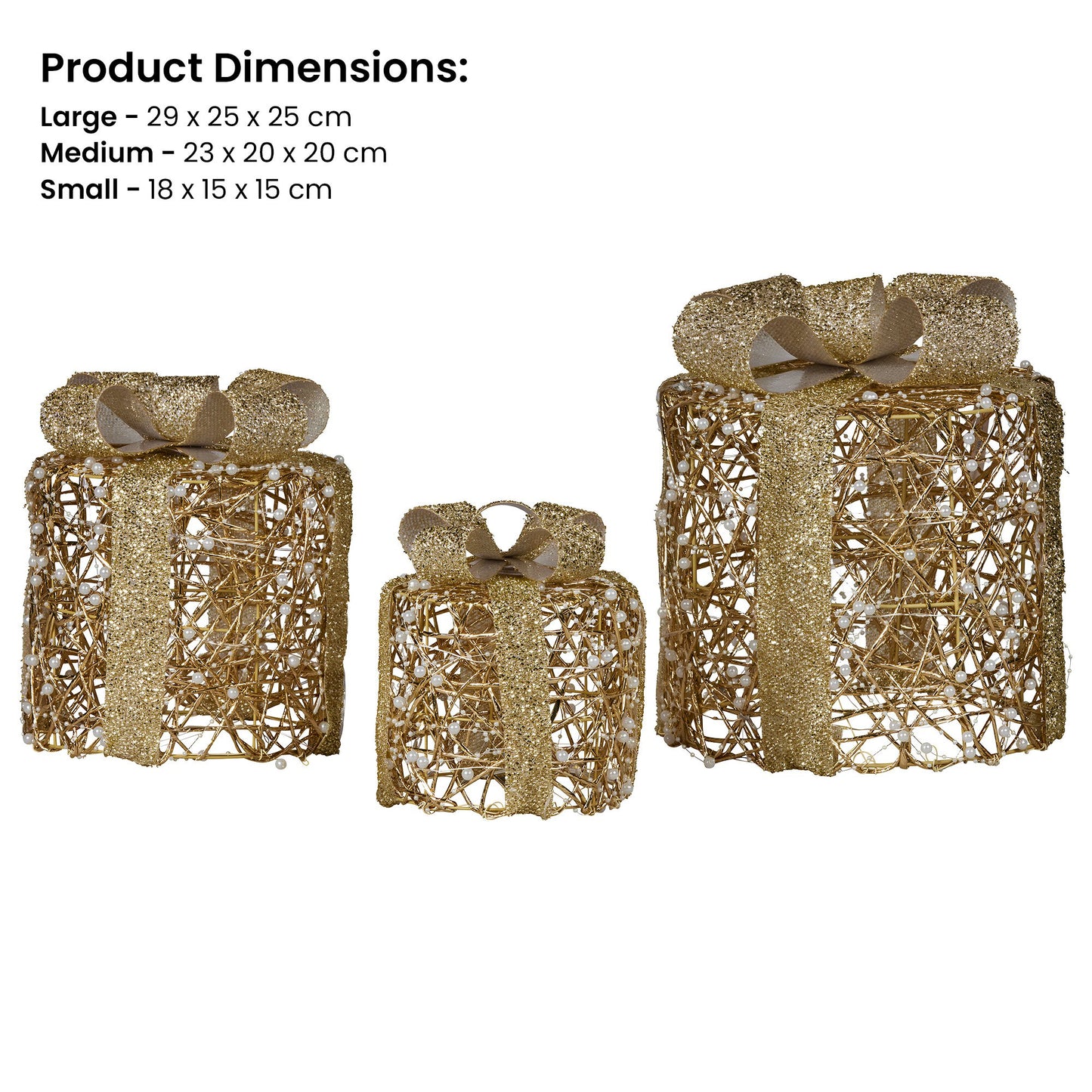 Christabelle Set of 3 Christmas Gift Box Display Gold with LED Lights and Bows Decoration Ornament Present V240-112_MHA612