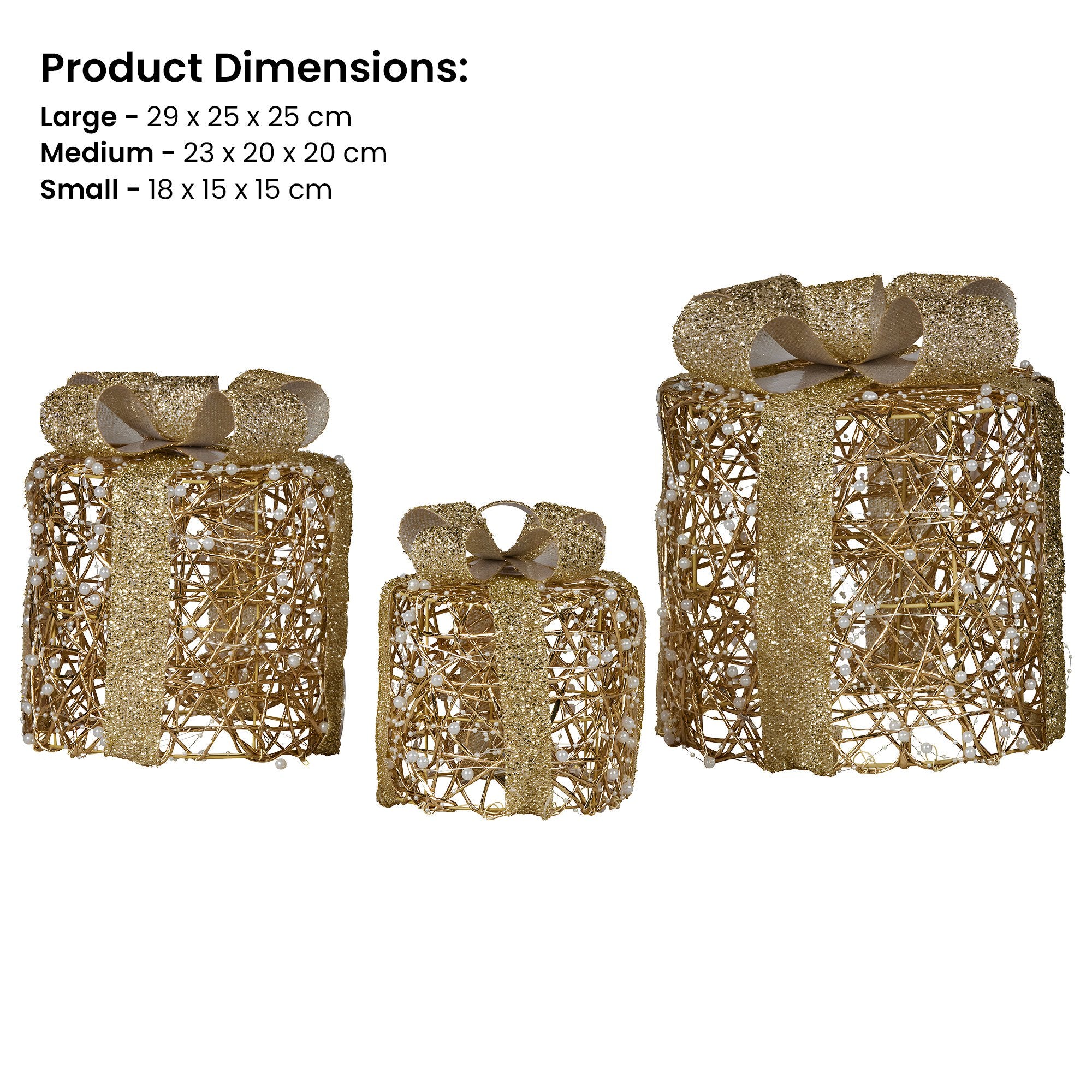 Christabelle Set of 3 Christmas Gift Box Display Gold with LED Lights and Bows Decoration Ornament Present V240-112_MHA612