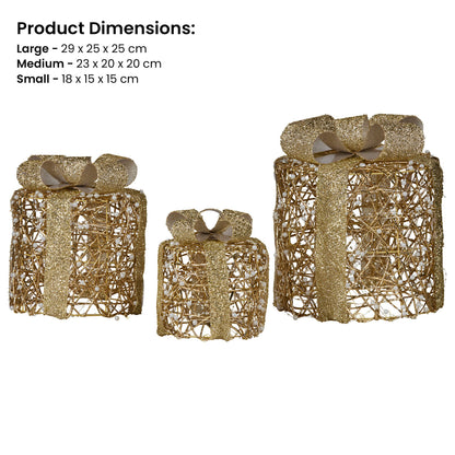Christabelle Set of 3 Christmas Gift Box Display Gold with LED Lights and Bows Decoration Ornament Present V240-112_MHA612