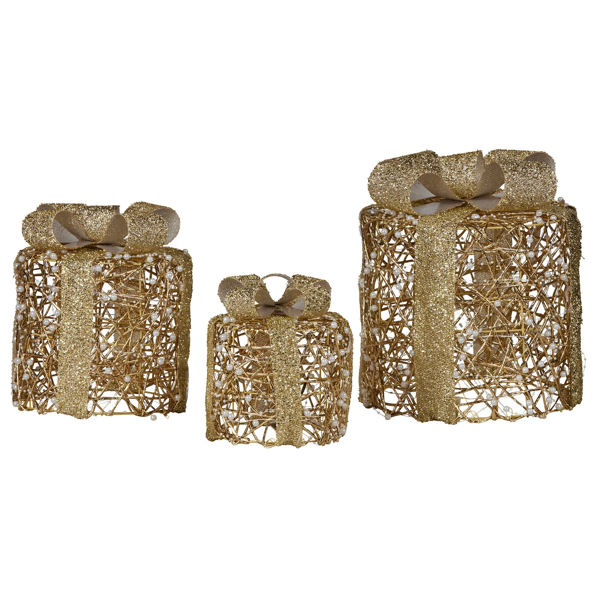 Christabelle Set of 3 Christmas Gift Box Display Gold with LED Lights and Bows Decoration Ornament Present V240-112_MHA612