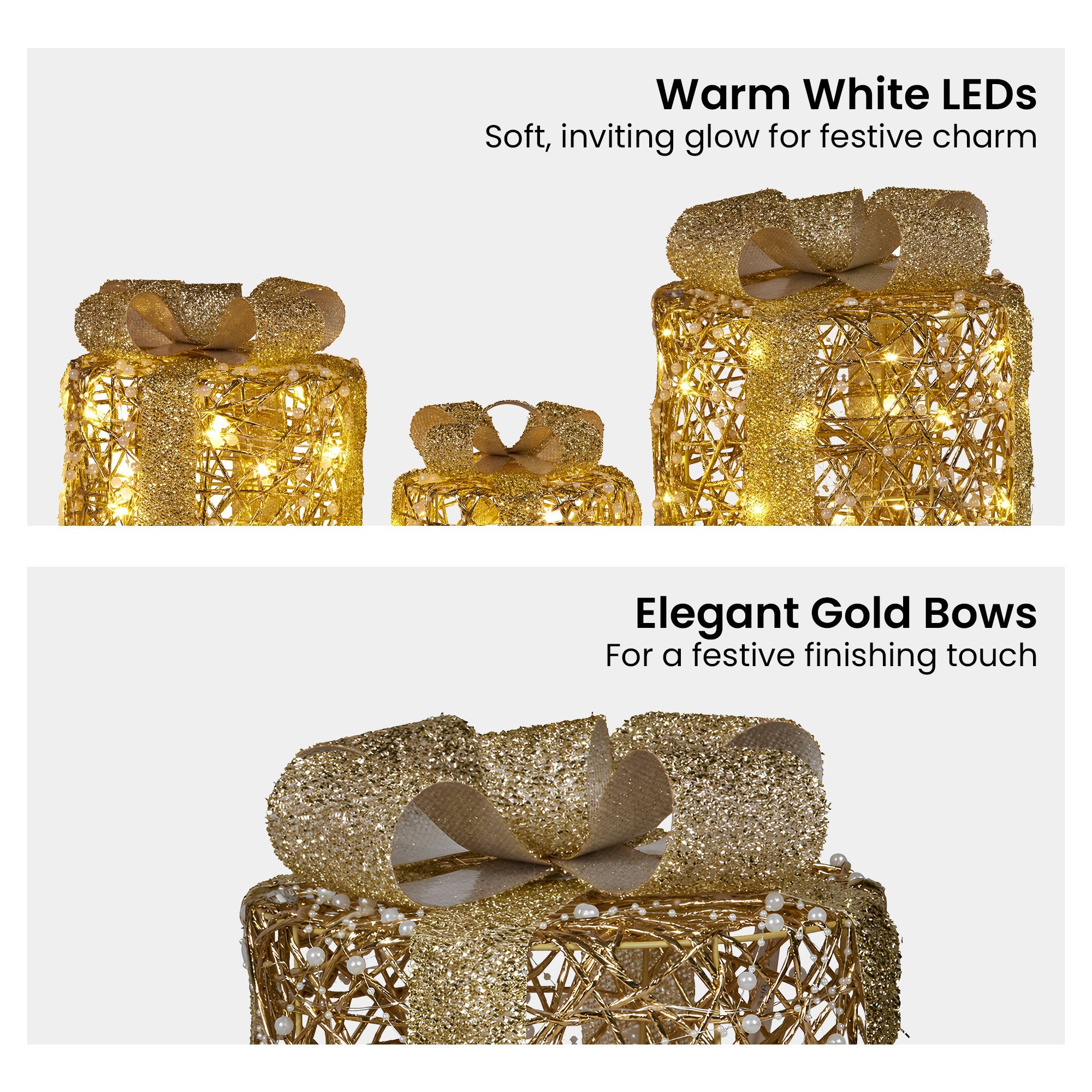 Christabelle Set of 3 Christmas Gift Box Display Gold with LED Lights and Bows Decoration Ornament Present V240-112_MHA612