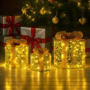 Christabelle Set of 3 Christmas Gift Box Display Gold with LED Lights and Bows Decoration Ornament Present V240-112_MHA612
