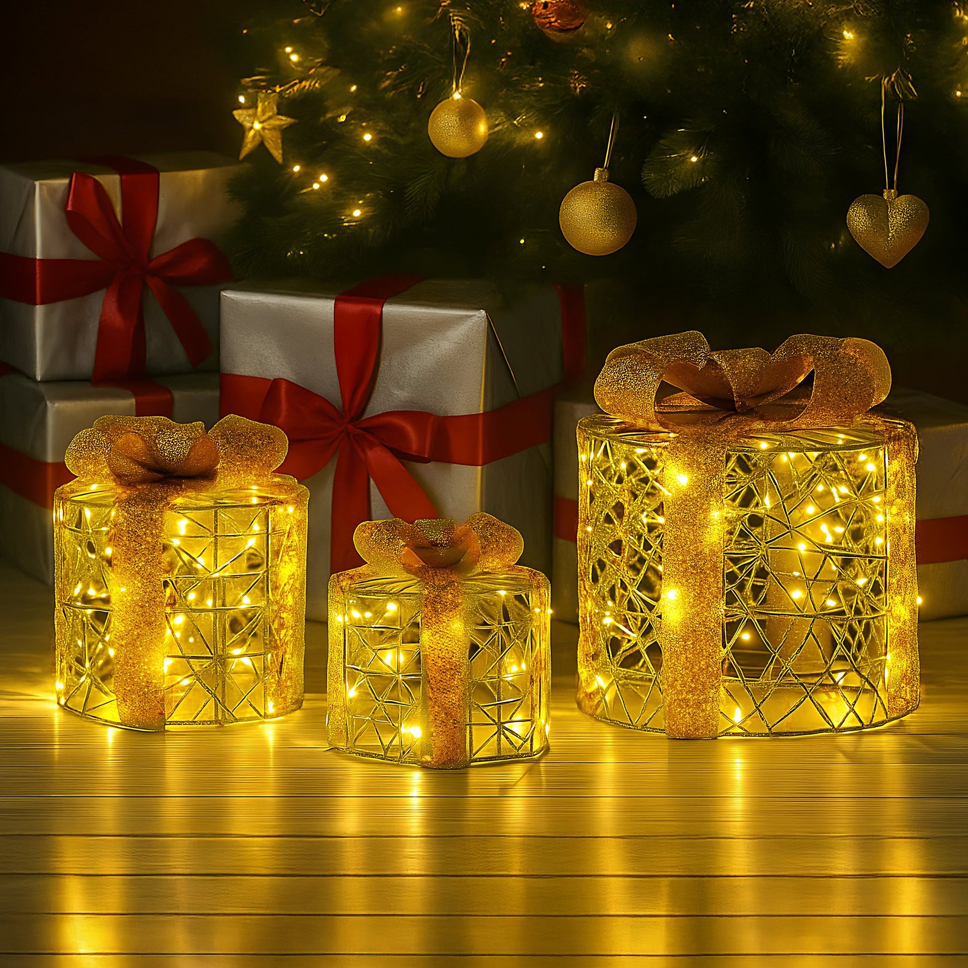 Christabelle Set of 3 Christmas Gift Box Display Gold with LED Lights and Bows Decoration Ornament Present V240-112_MHA612