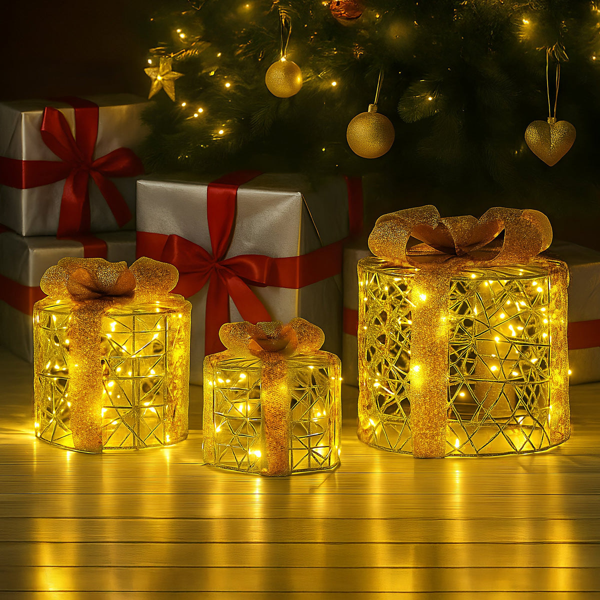 Christabelle Set of 3 Christmas Gift Box Display Gold with LED Lights and Bows Decoration Ornament Present V240-112_MHA612