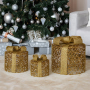 Christabelle Set of 3 Christmas Gift Box Display Gold with LED Lights and Bows Decoration Ornament Present V240-112_MHA612