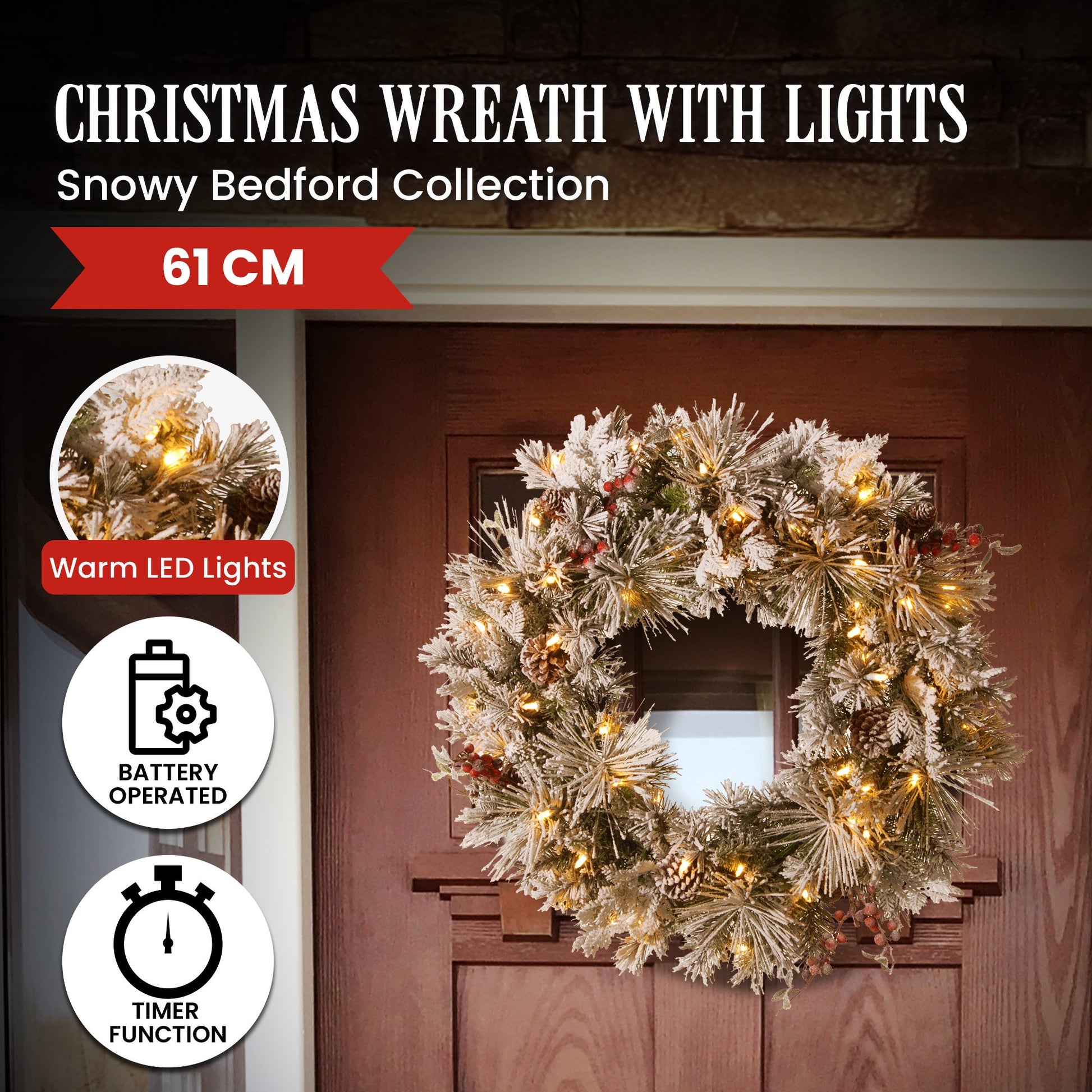 Christabelle 61cm Snowy Christmas Wreath Bedford with LED Lights Front Door Decoration Ornament V240-112_NATSB61W