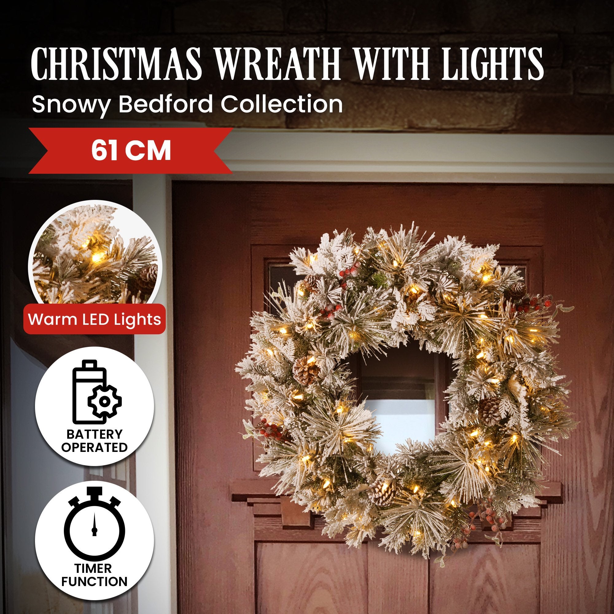Christabelle 61cm Snowy Christmas Wreath Bedford with LED Lights Front Door Decoration Ornament V240-112_NATSB61W