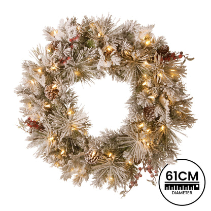Christabelle 61cm Snowy Christmas Wreath Bedford with LED Lights Front Door Decoration Ornament V240-112_NATSB61W