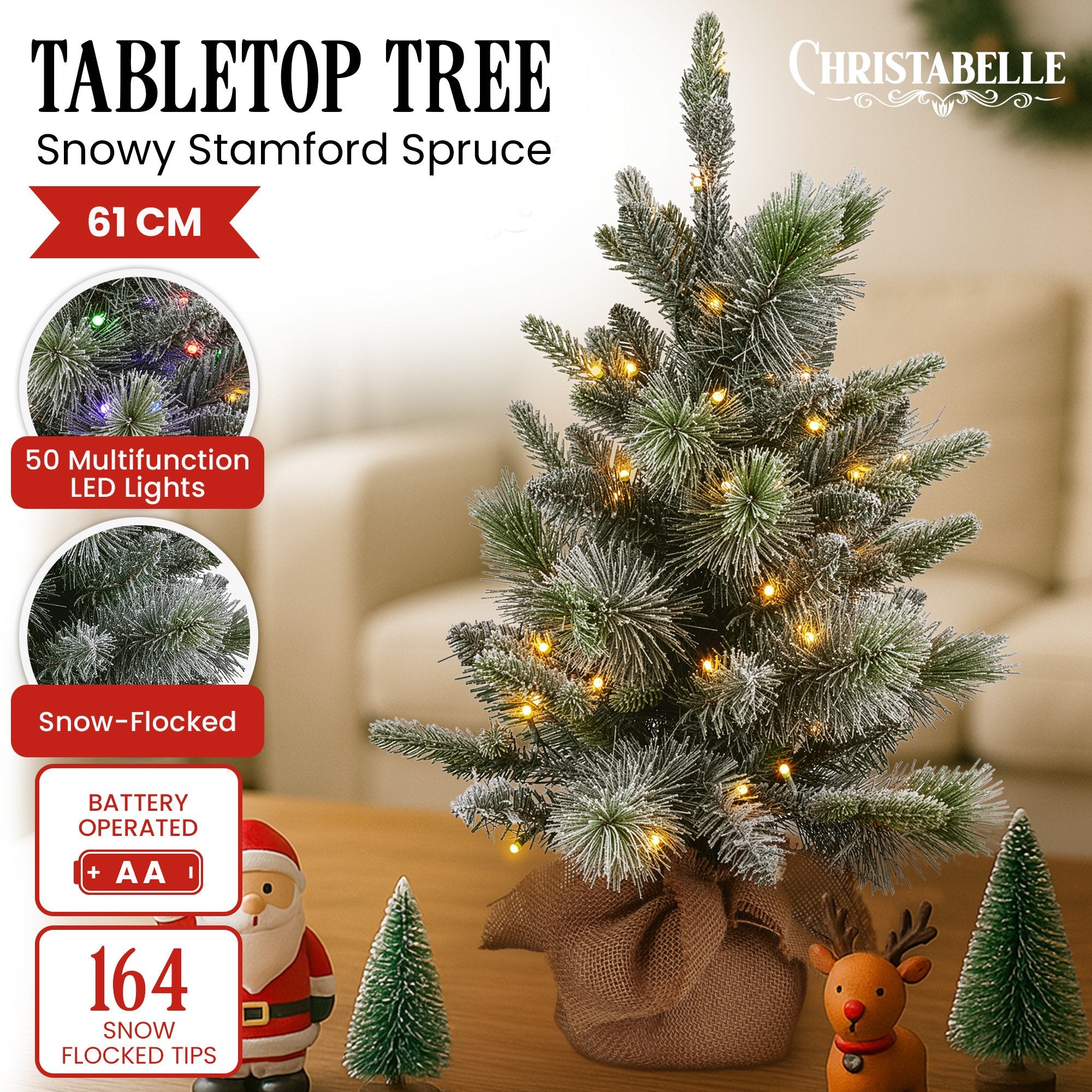 Christabelle 61cm Pre-Lit Snowy Stamford Spruce Battery-Operated Mini Christmas Tree Multi-Functional LED V240-112_NATSS2