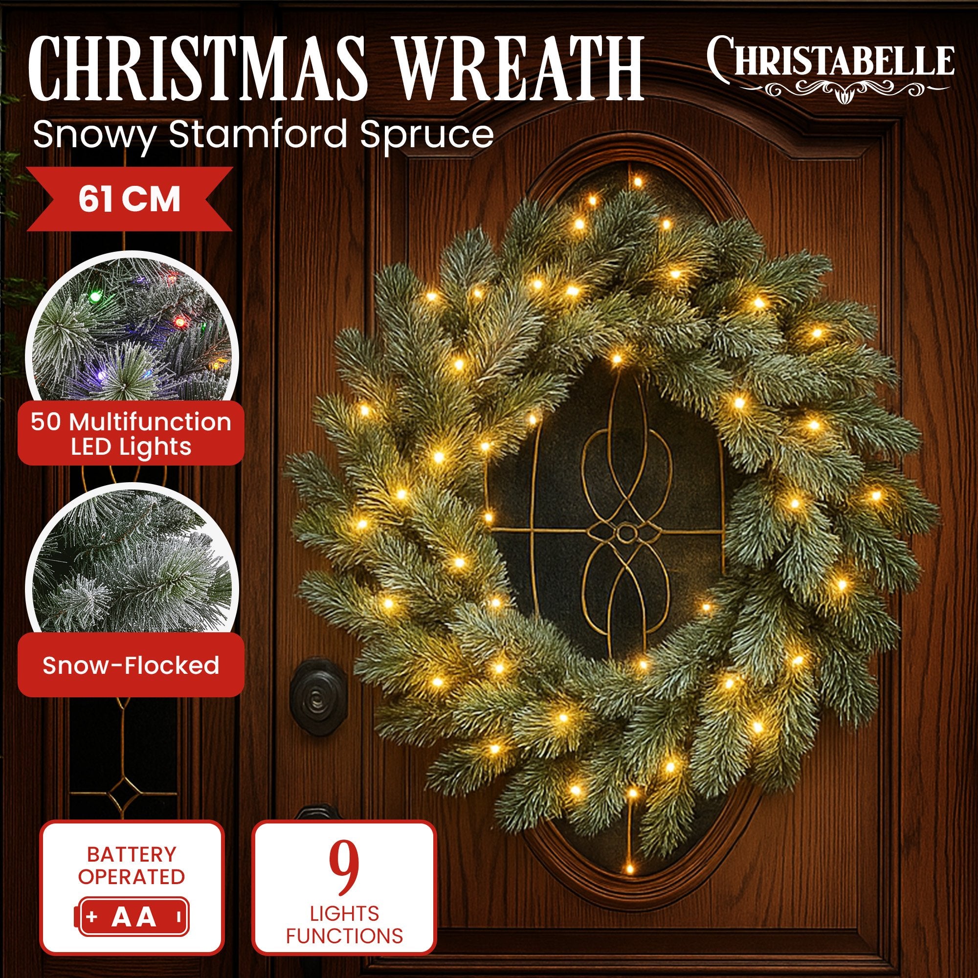 Christabelle 61cm Christmas Wreath Snowy Stamford Spruce with Coloured LED Lights Front Door Decoration V240-112_NATSS61
