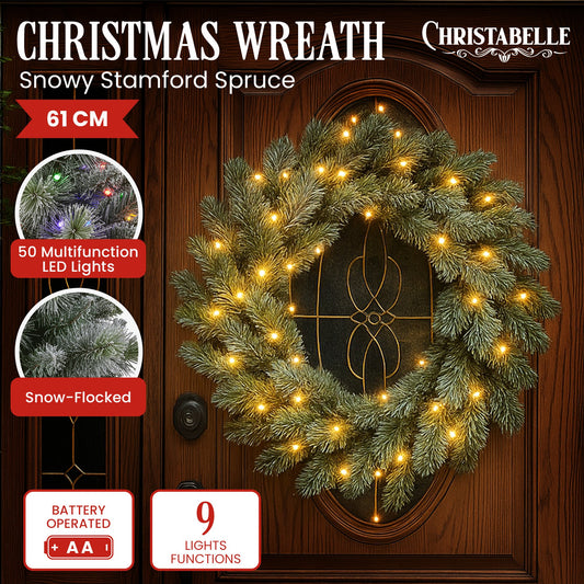 Christabelle 61cm Christmas Wreath Snowy Stamford Spruce with Coloured LED Lights Front Door Decoration V240-112_NATSS61