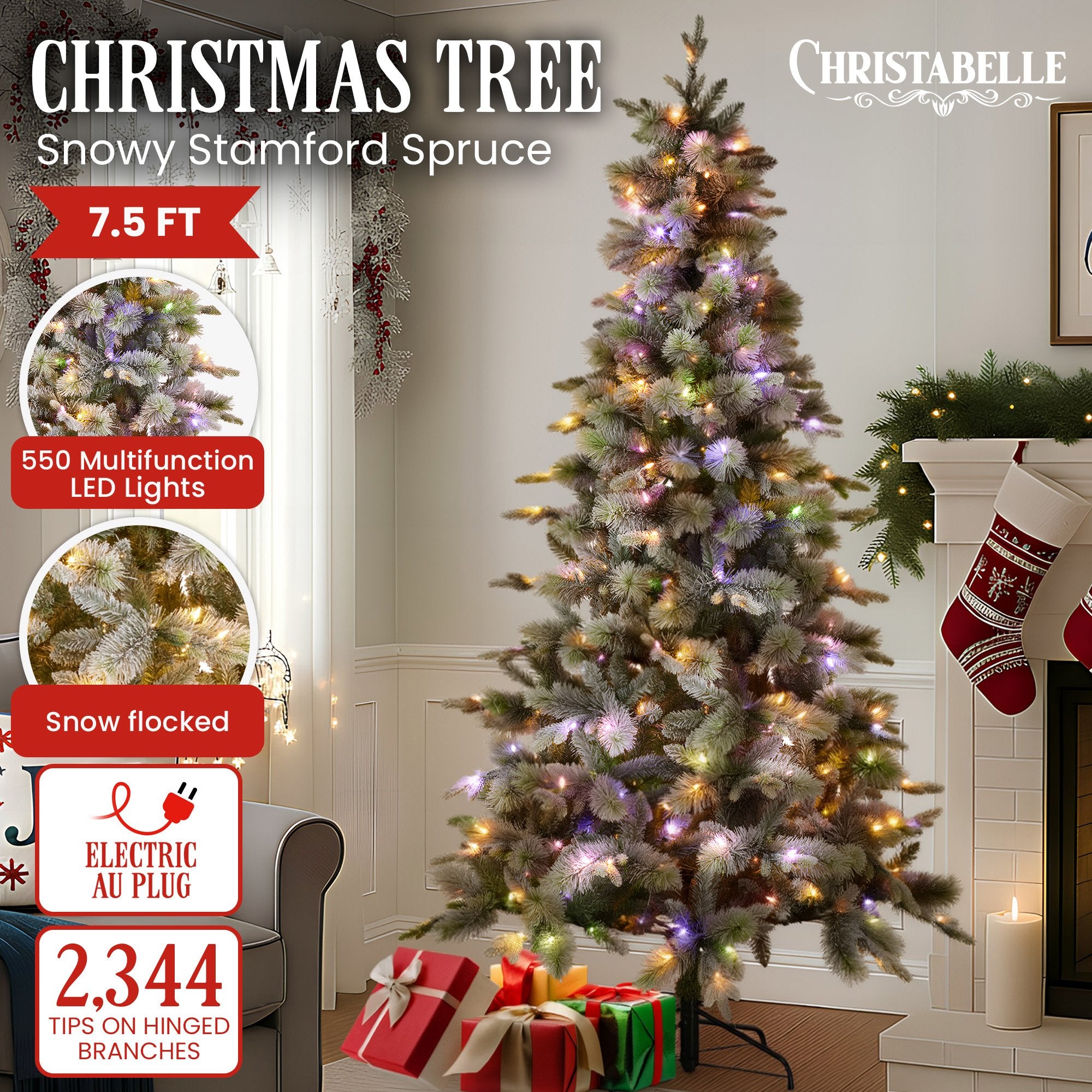 National Tree Company Snowy Stamford Spruce 7.5ft Christmas Tree Multi Functional White Coloured LED Lights & V240-112_NATSS75