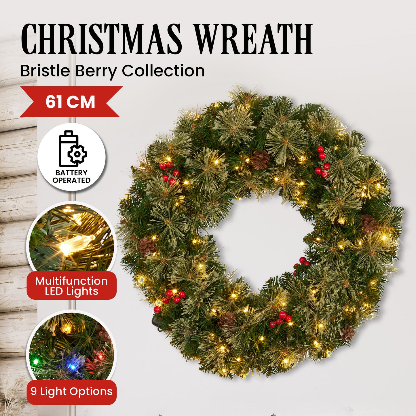Christabelle 61cm Christmas Wreath Bristle Berry with LED Lights Front Door Decoration Ornament V240-112_OPBB61