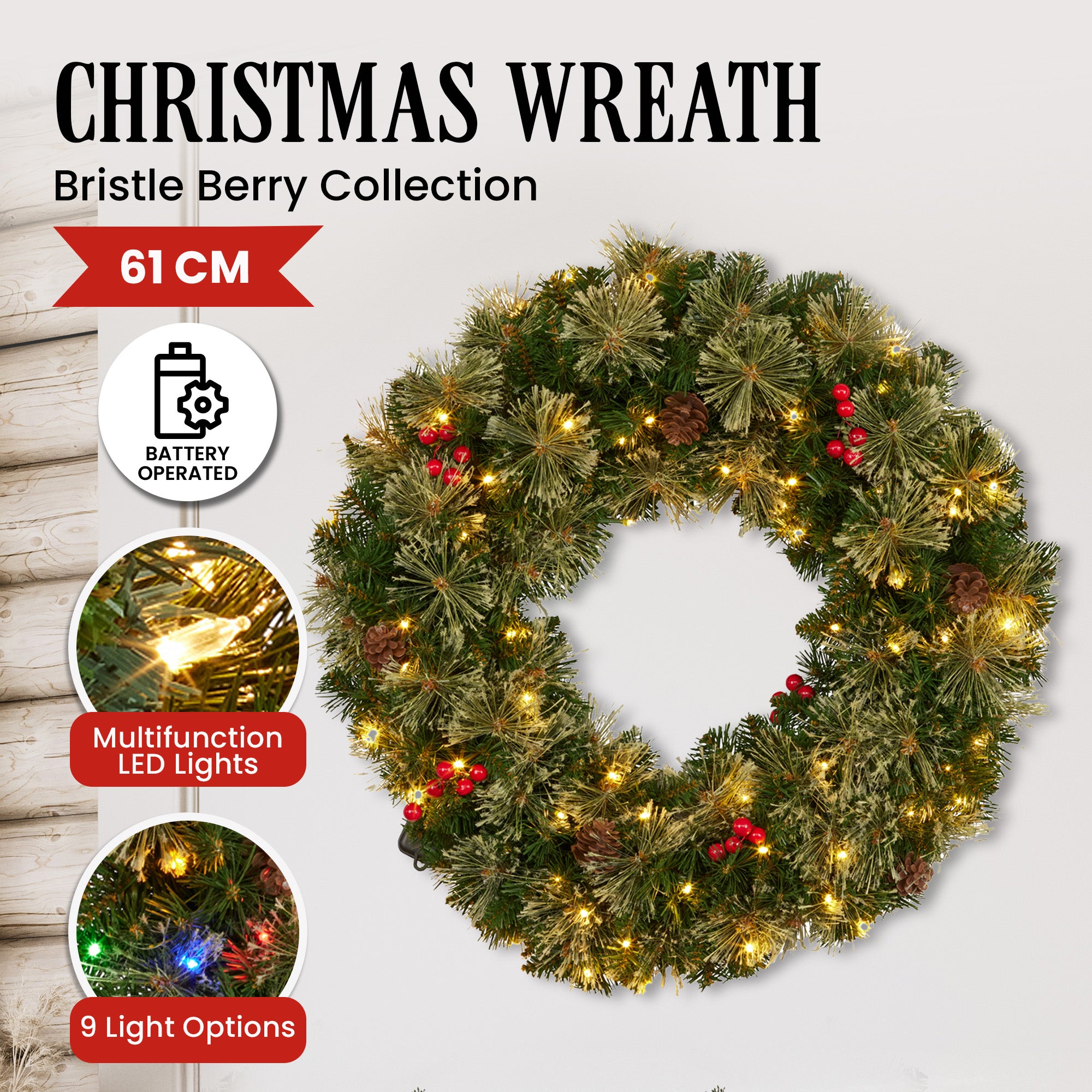 Christabelle 61cm Christmas Wreath Bristle Berry with LED Lights Front Door Decoration Ornament V240-112_OPBB61