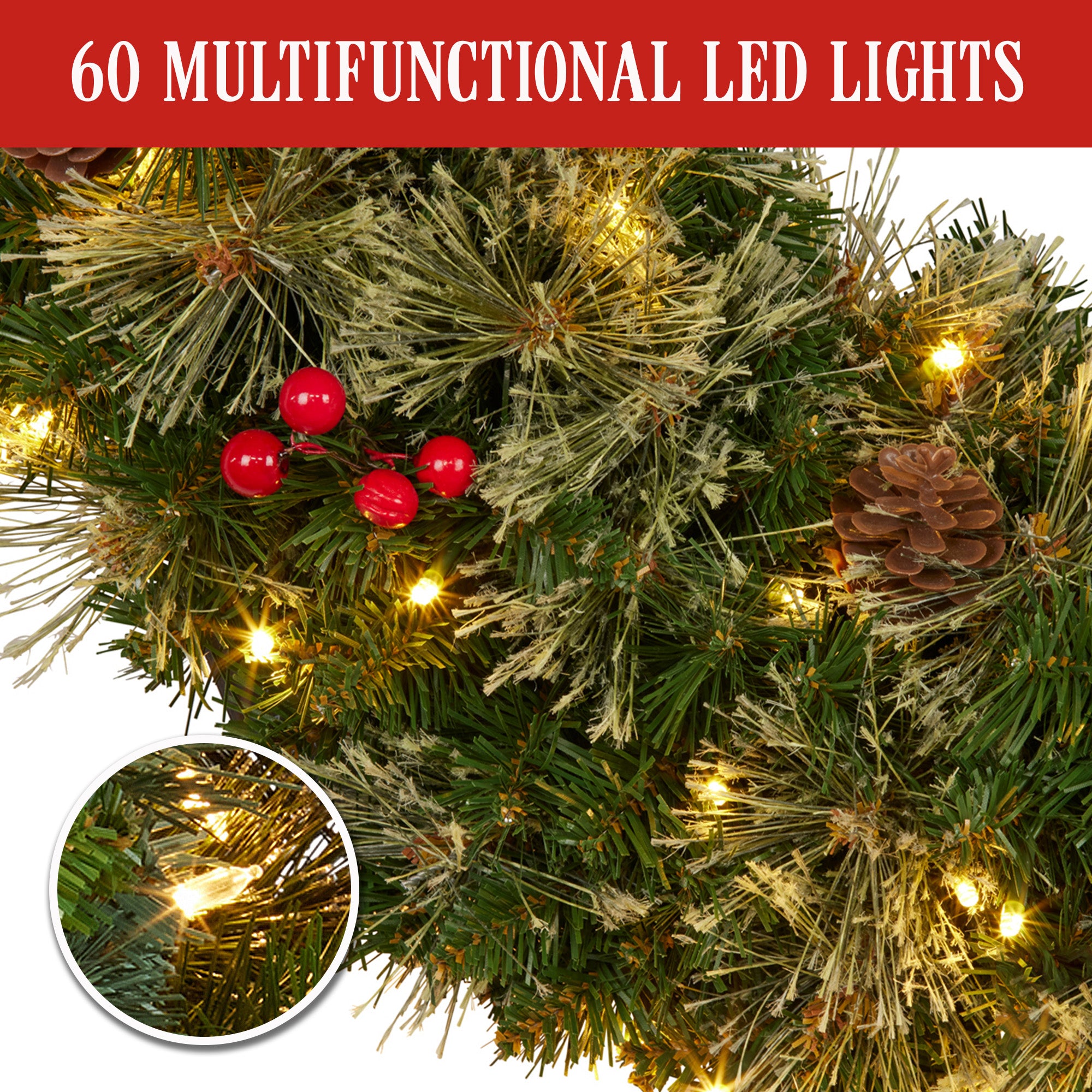 Christabelle 61cm Christmas Wreath Bristle Berry with LED Lights Front Door Decoration Ornament V240-112_OPBB61