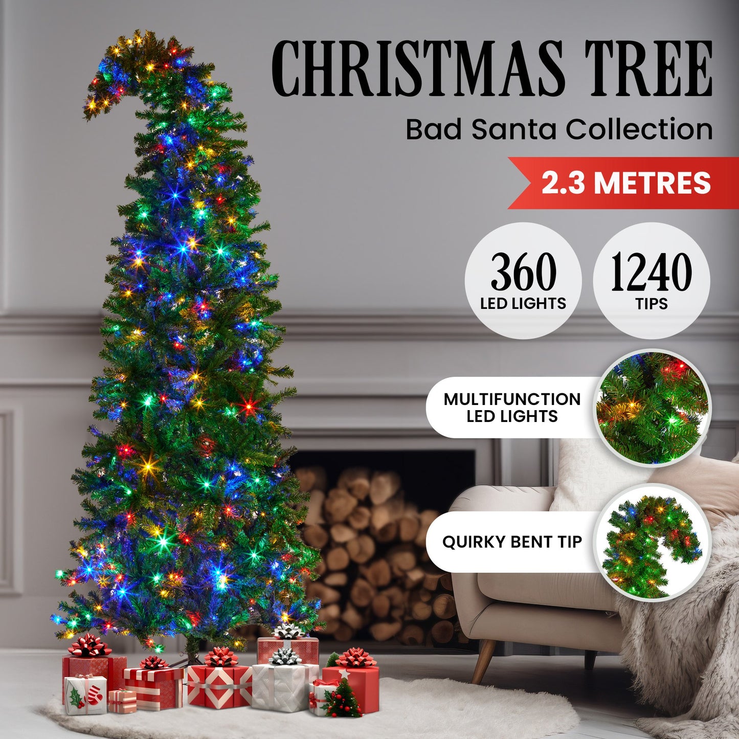 Christabelle Bad Santa 2.3m Curved Multicolour Pre-Lit Christmas Tree with 1240 Tips V240-112_OPBS75