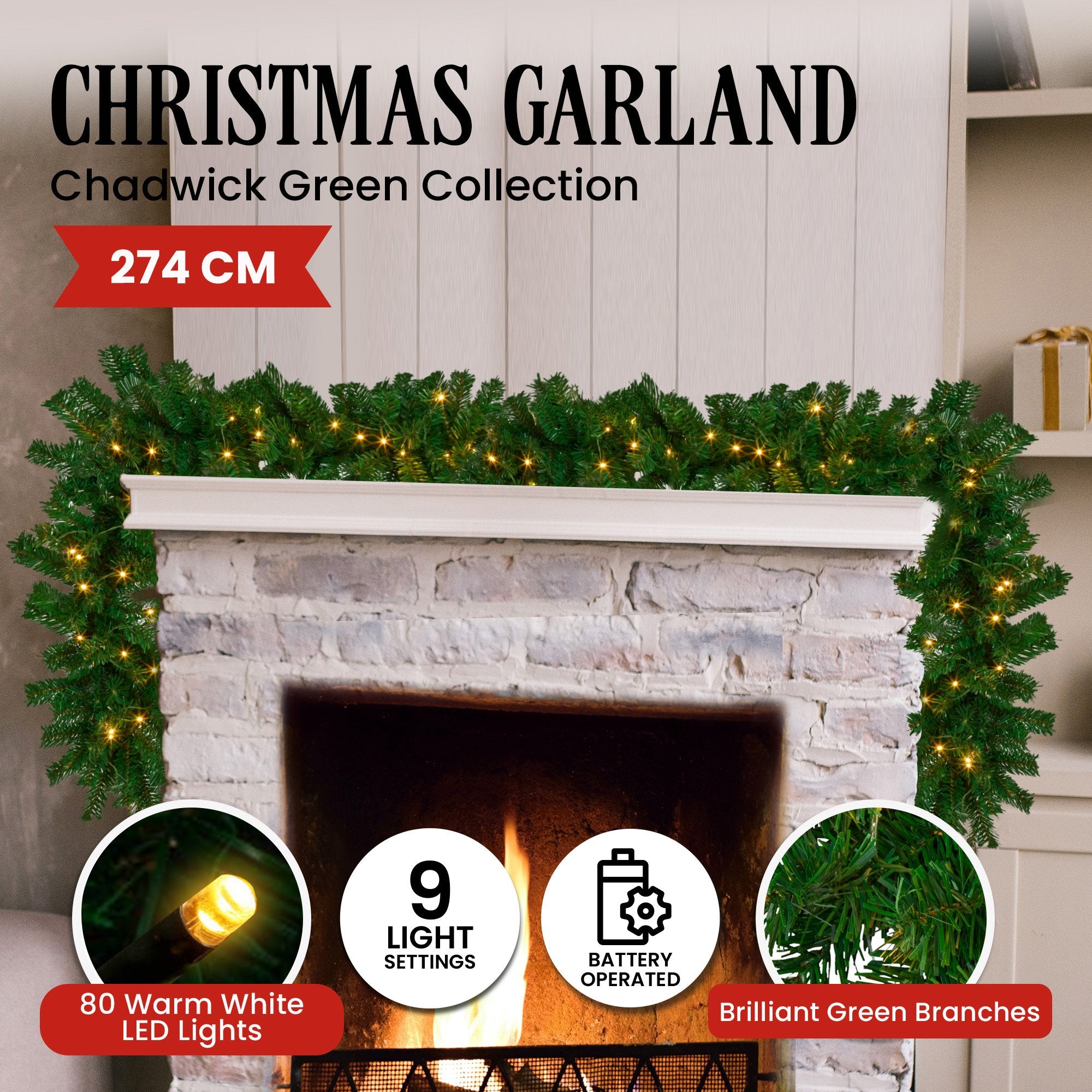 Christabelle 2.7m Christmas Garland with LED Lights Chadwick Tree Decoration Ornament V240-112_OPCG274