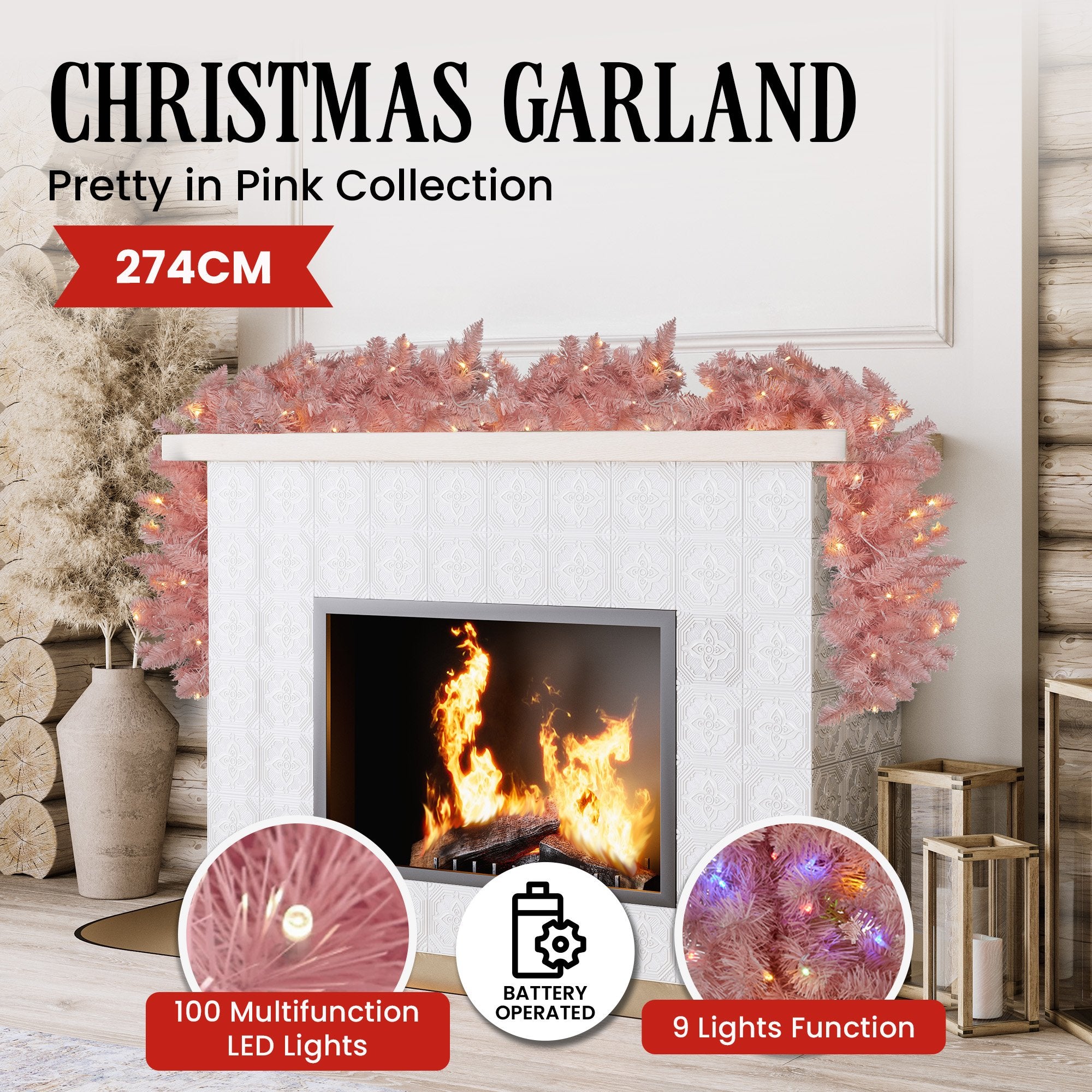 Christabelle 274cm Pretty In Pink Christmas Garland With Led Lights V240-112_OPP274