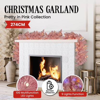 Christabelle 274cm Pretty In Pink Christmas Garland With Led Lights V240-112_OPP274