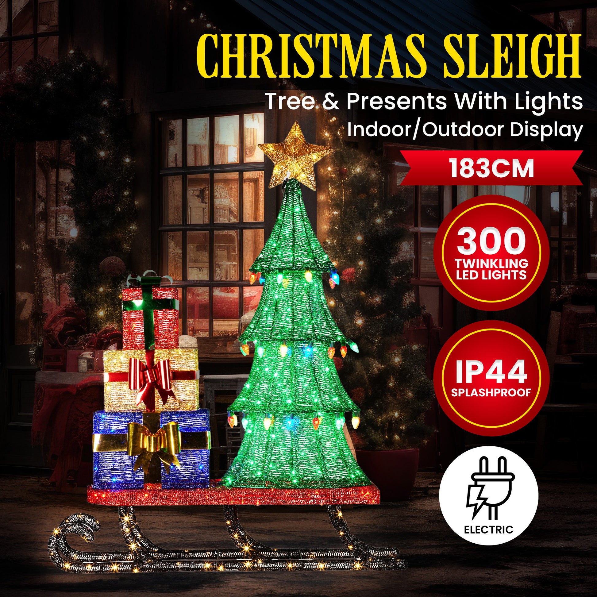 Christabelle Christmas Display Sled 183cm With Tree And Presents Led Lights & C9 Bulbs V240-112_SB404