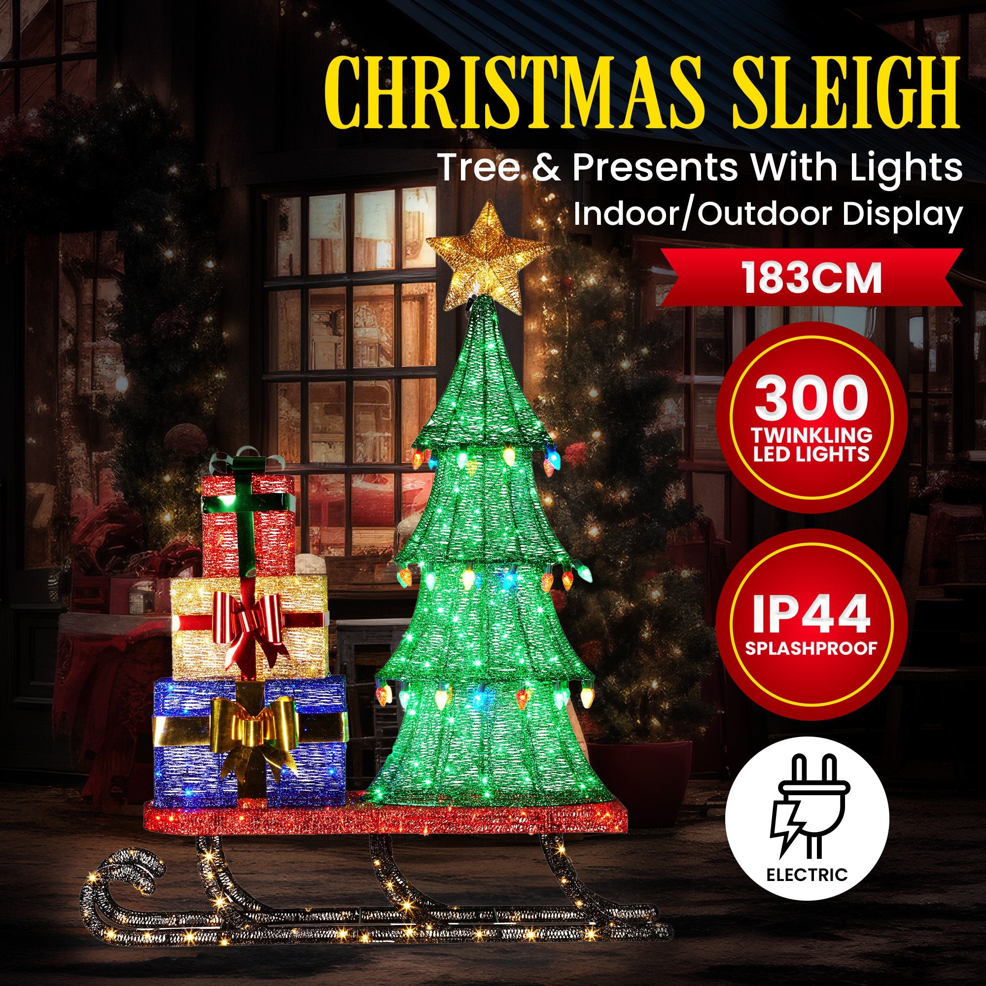 Christabelle Christmas Display Sled 183cm With Tree And Presents Led Lights & C9 Bulbs V240-112_SB404